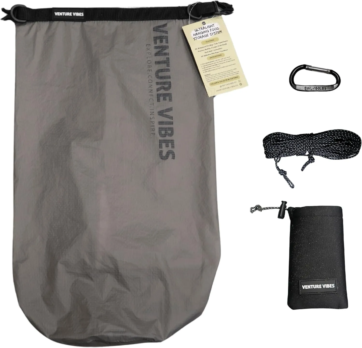 | Premium Ultralight Bear Bag Kit for Backpacking | 10L Dry Bag - Neoprene Rock Sack - Reflective Slick Rope - Hanging Food Storage for Camping and Backpacking (Dark Grey)