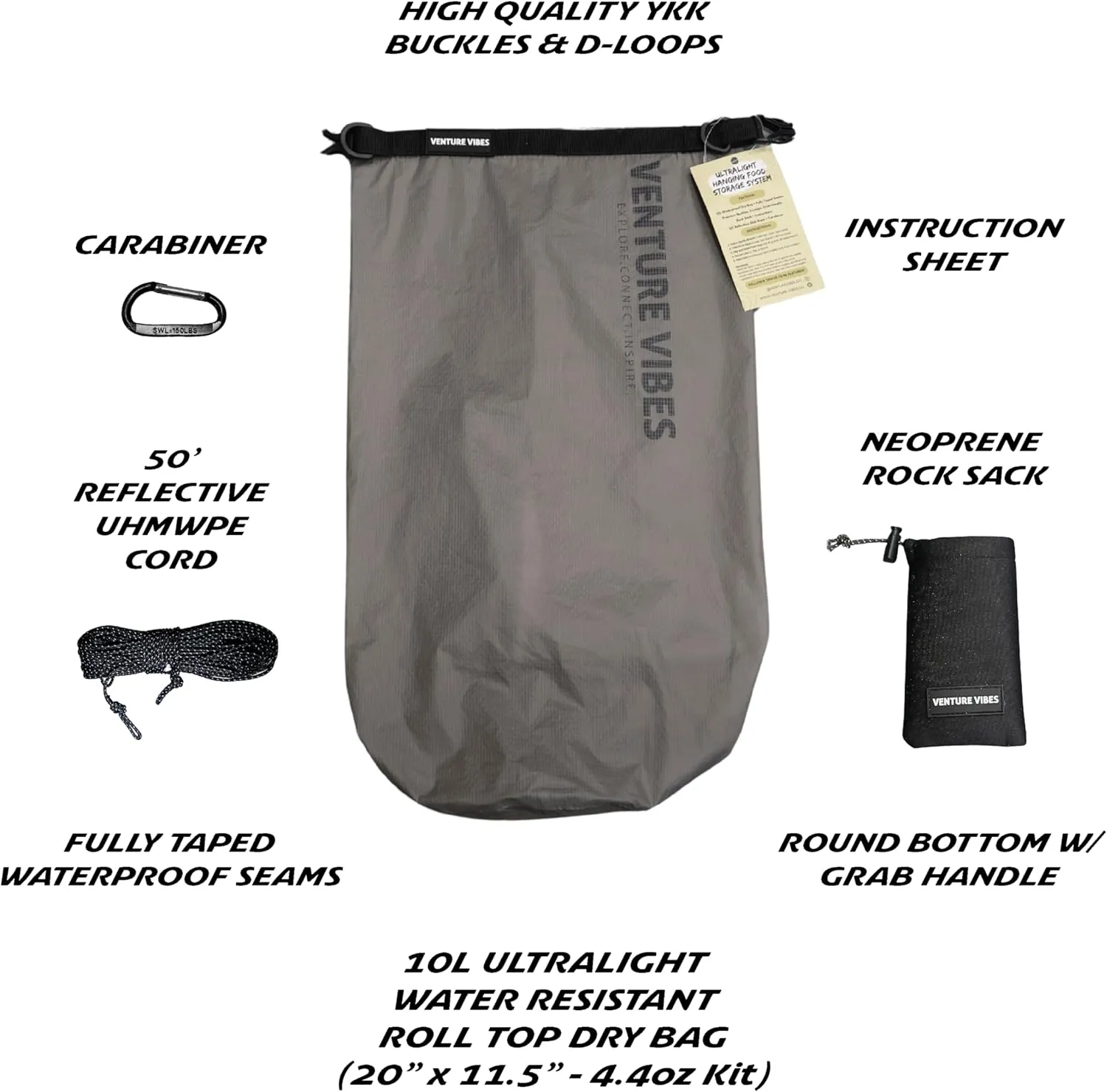 | Premium Ultralight Bear Bag Kit for Backpacking | 10L Dry Bag - Neoprene Rock Sack - Reflective Slick Rope - Hanging Food Storage for Camping and Backpacking (Dark Grey)