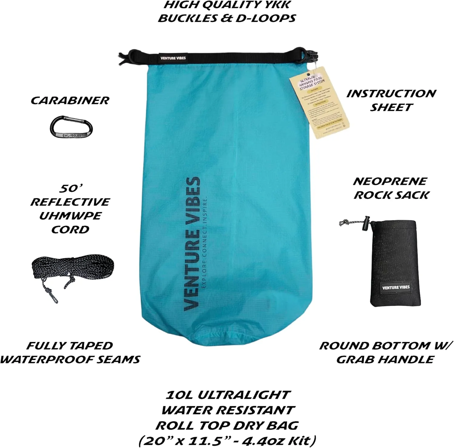 | Premium Ultralight Bear Bag Kit for Backpacking | 10L Dry Bag - Neoprene Rock Sack - Reflective Slick Rope - Hanging Food Storage for Camping, Hiking, Backpacking, Thru Hiking (Blue)