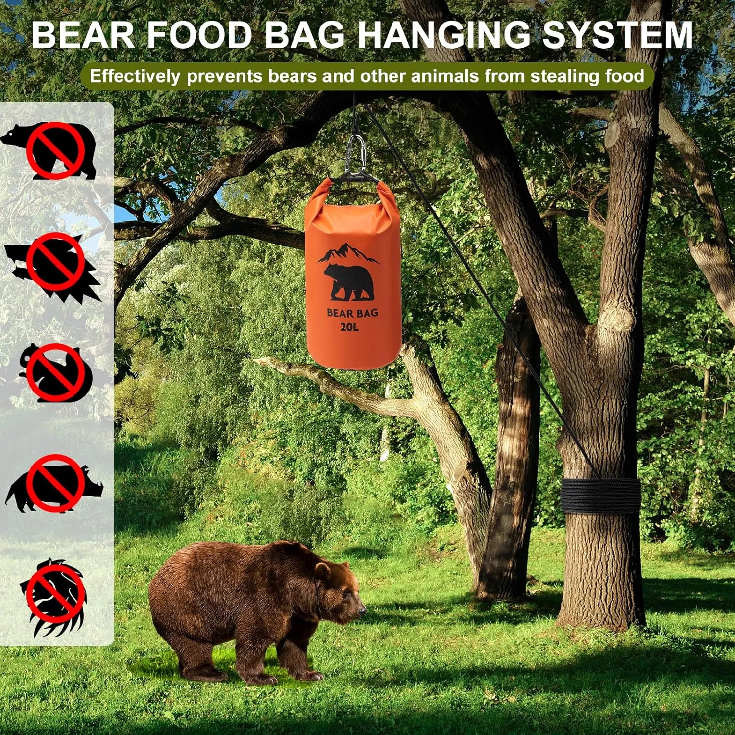 1 Set Bear Bags for Food Backpacking 20L Bear Food Bag Hanging System Bear Proof Food Storage Includes Waterproof Bear Bag, Rock Pouch, Hooks and Nylon Ropes for Camping Hiking (20 L, Orange)