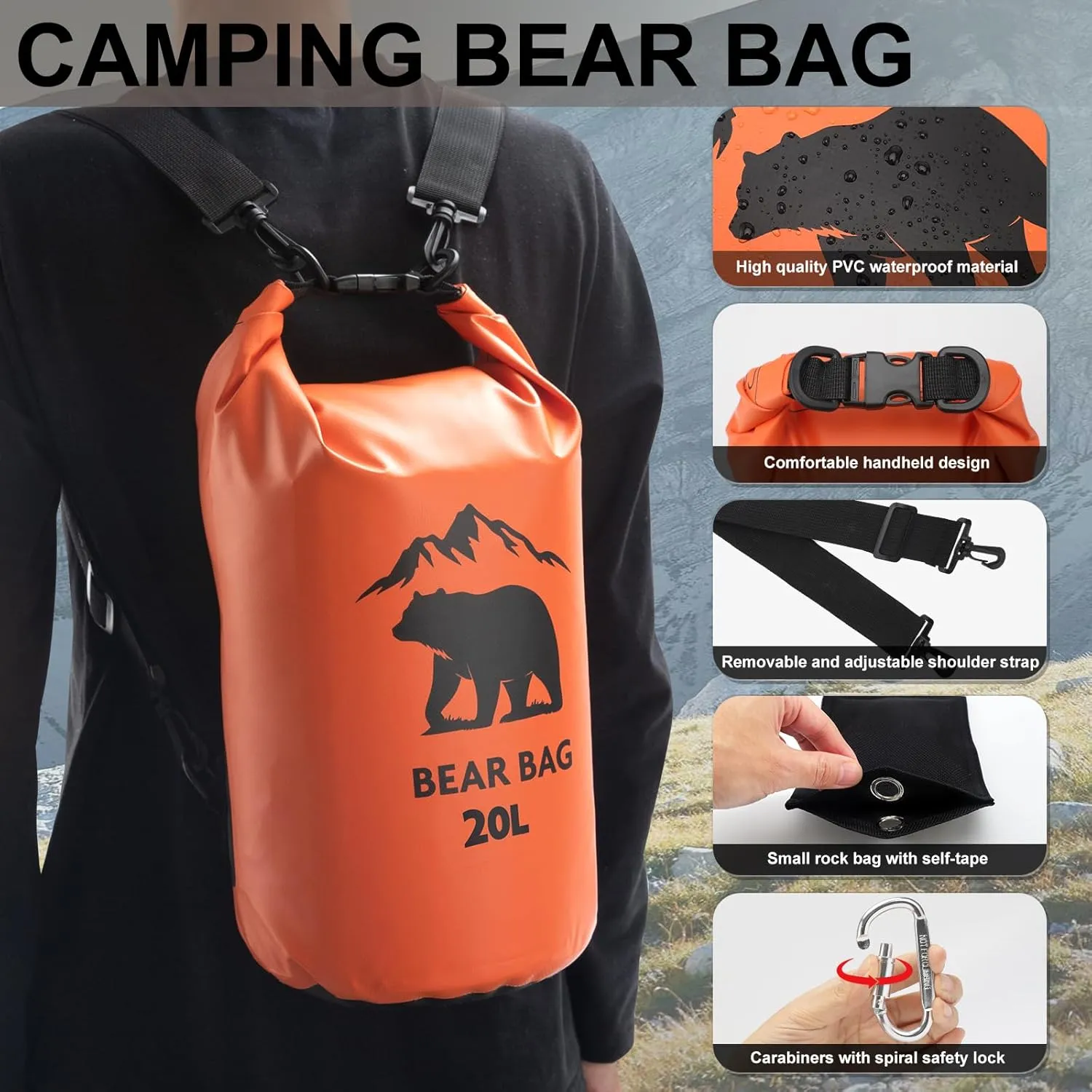 1 Set Bear Bags for Food Backpacking 20L Bear Food Bag Hanging System Bear Proof Food Storage Includes Waterproof Bear Bag, Rock Pouch, Hooks and Nylon Ropes for Camping Hiking (20 L, Orange)