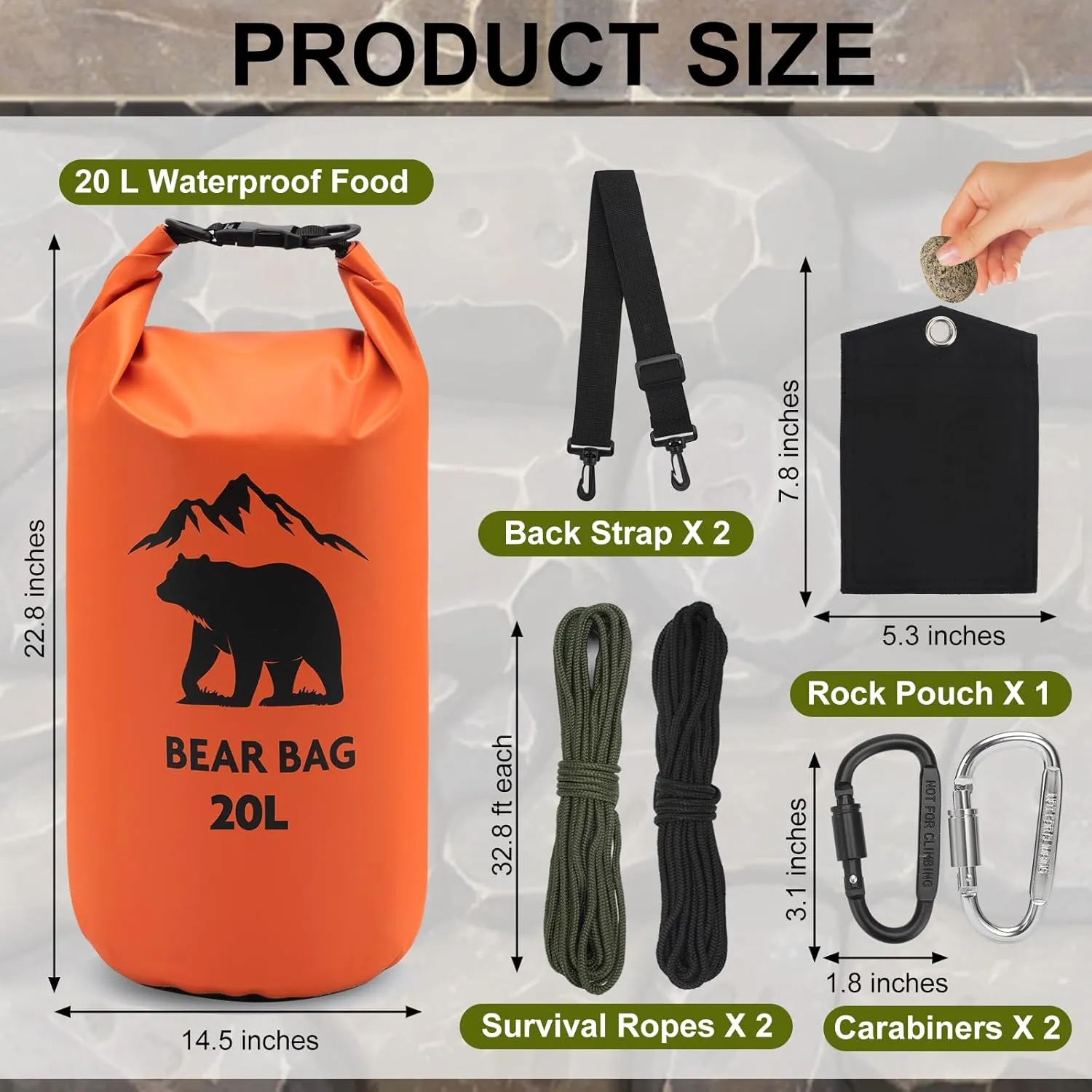 1 Set Bear Bags for Food Backpacking 20L Bear Food Bag Hanging System Bear Proof Food Storage Includes Waterproof Bear Bag, Rock Pouch, Hooks and Nylon Ropes for Camping Hiking (20 L, Orange)
