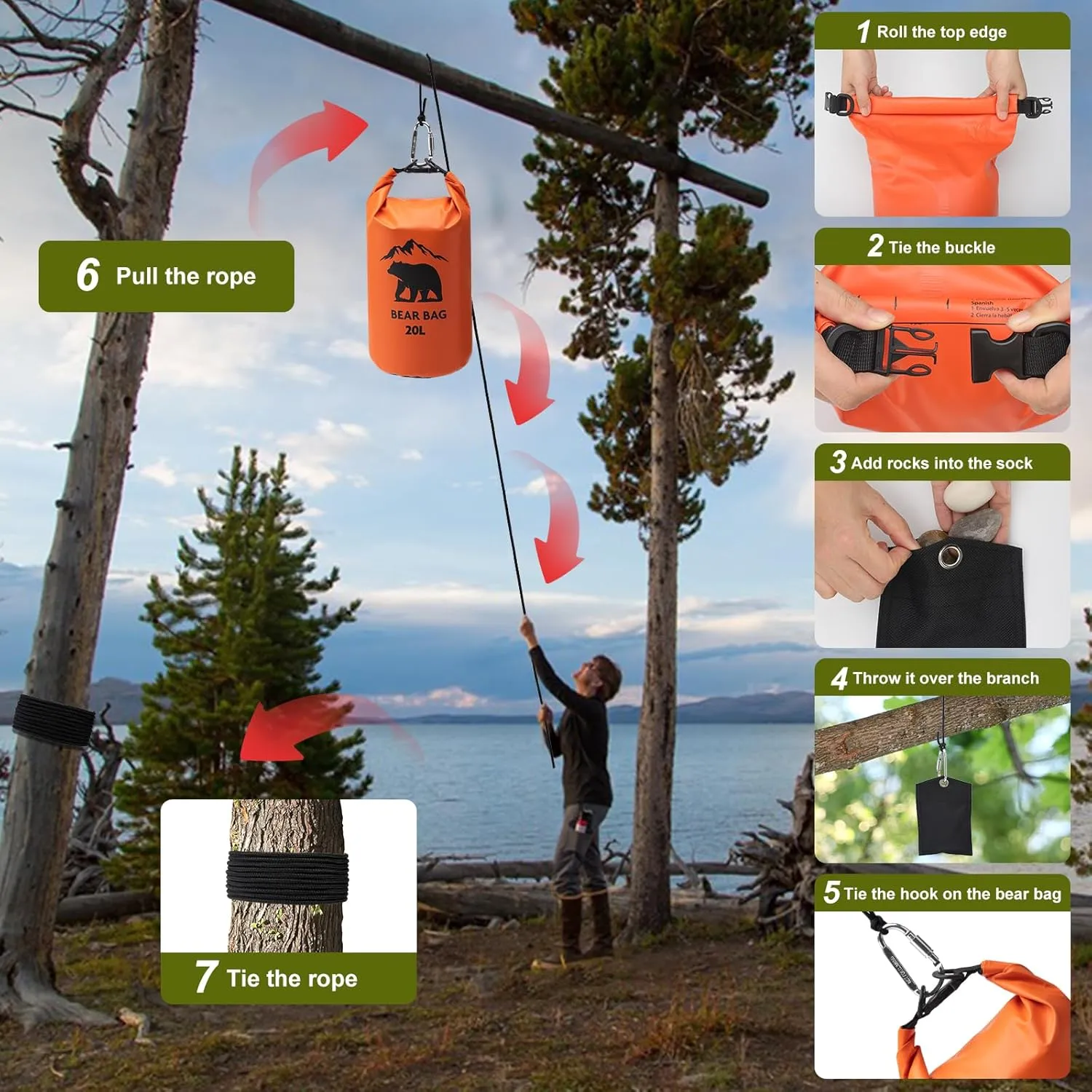 1 Set Bear Bags for Food Backpacking 20L Bear Food Bag Hanging System Bear Proof Food Storage Includes Waterproof Bear Bag, Rock Pouch, Hooks and Nylon Ropes for Camping Hiking (20 L, Orange)