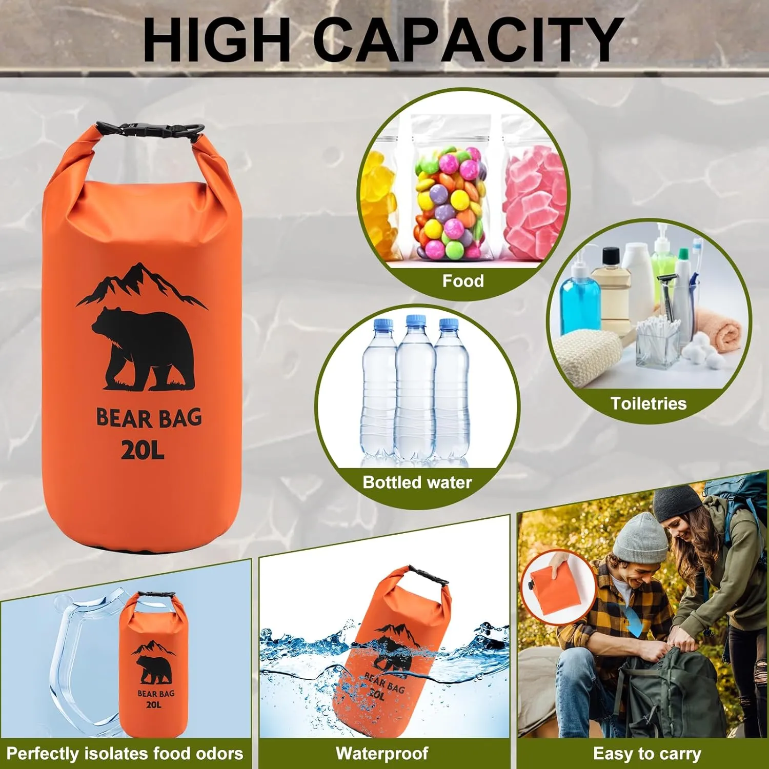 1 Set Bear Bags for Food Backpacking 20L Bear Food Bag Hanging System Bear Proof Food Storage Includes Waterproof Bear Bag, Rock Pouch, Hooks and Nylon Ropes for Camping Hiking (20 L, Orange)