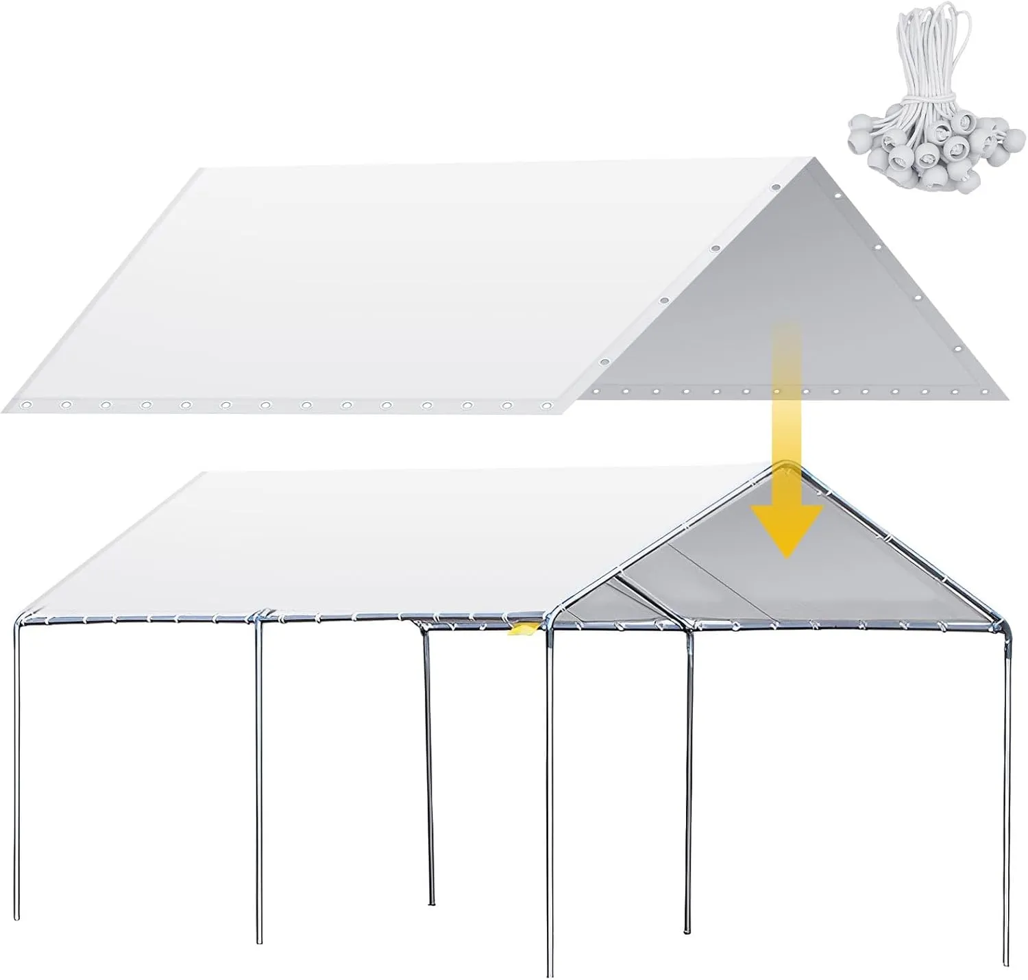 10 x 20 ft Heavy Duty Carport Canopy Waterproof Garage Car Shelter Tarp Tent for Car Canopy Replacement Cover with 50 Ball Bungees, Only Top Cover, Frame is Not Included