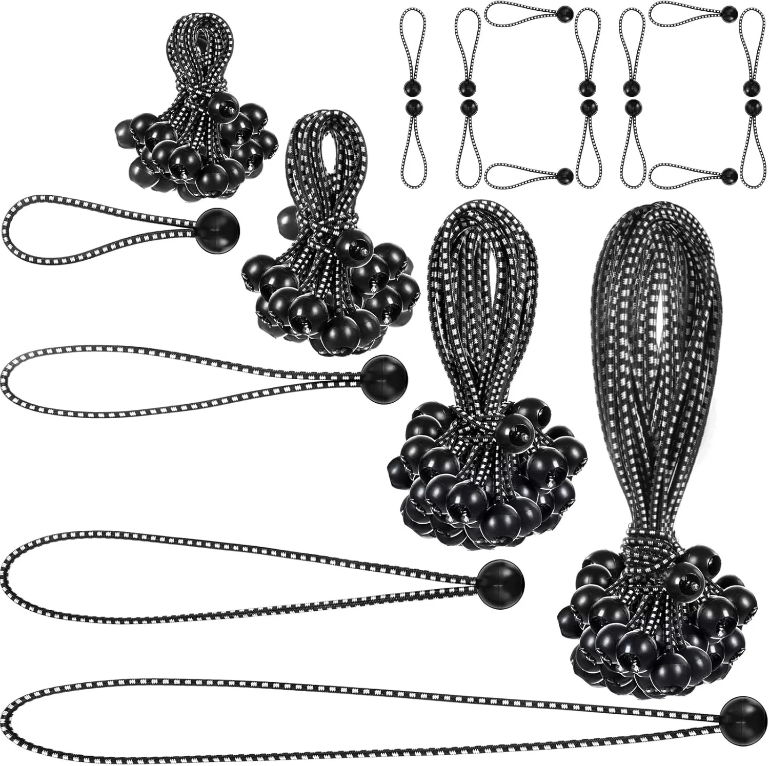 100 Pcs 4, 6, 9, 11 Inch Ball Bungee Cords Tarp Tie Downs Bungee Cords with Balls Heavy Duty Outdoor Tarp Straps for Canopy Shelter Camping Cargo Tent Poles UV Resistant (Black White)