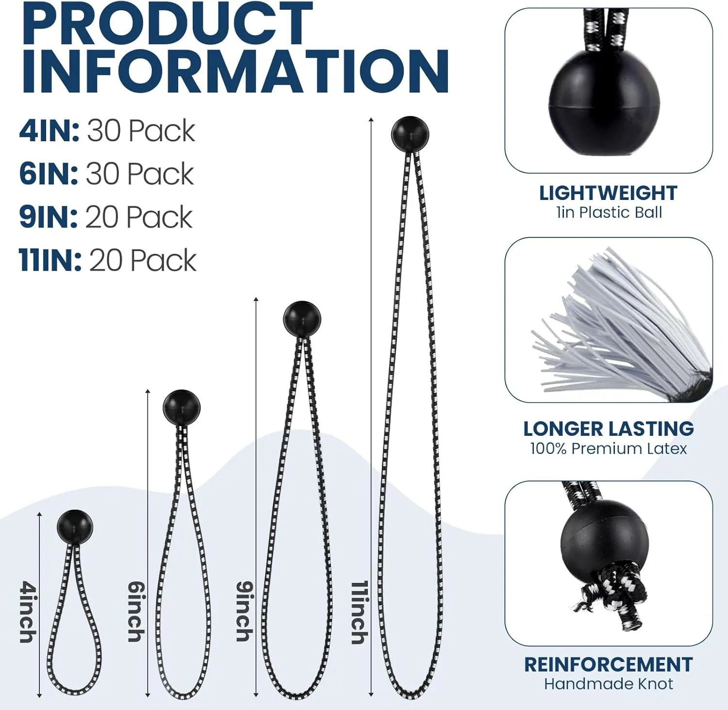100 Pcs 4, 6, 9, 11 Inch Ball Bungee Cords Tarp Tie Downs Bungee Cords with Balls Heavy Duty Outdoor Tarp Straps for Canopy Shelter Camping Cargo Tent Poles UV Resistant (Black White)