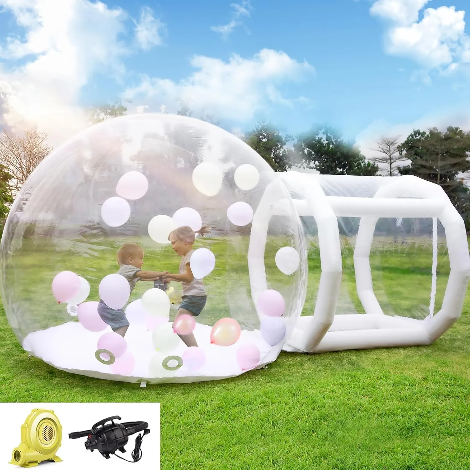 10FT Inflatable Bubble House Dome for Kids, Clear PVC Inflatable Bubble House Tent with Tunnel, Bubble Balloon House with 750W Air Blower, 600W Air Pump Inflatable Dome for Party (Clear, 10FT)