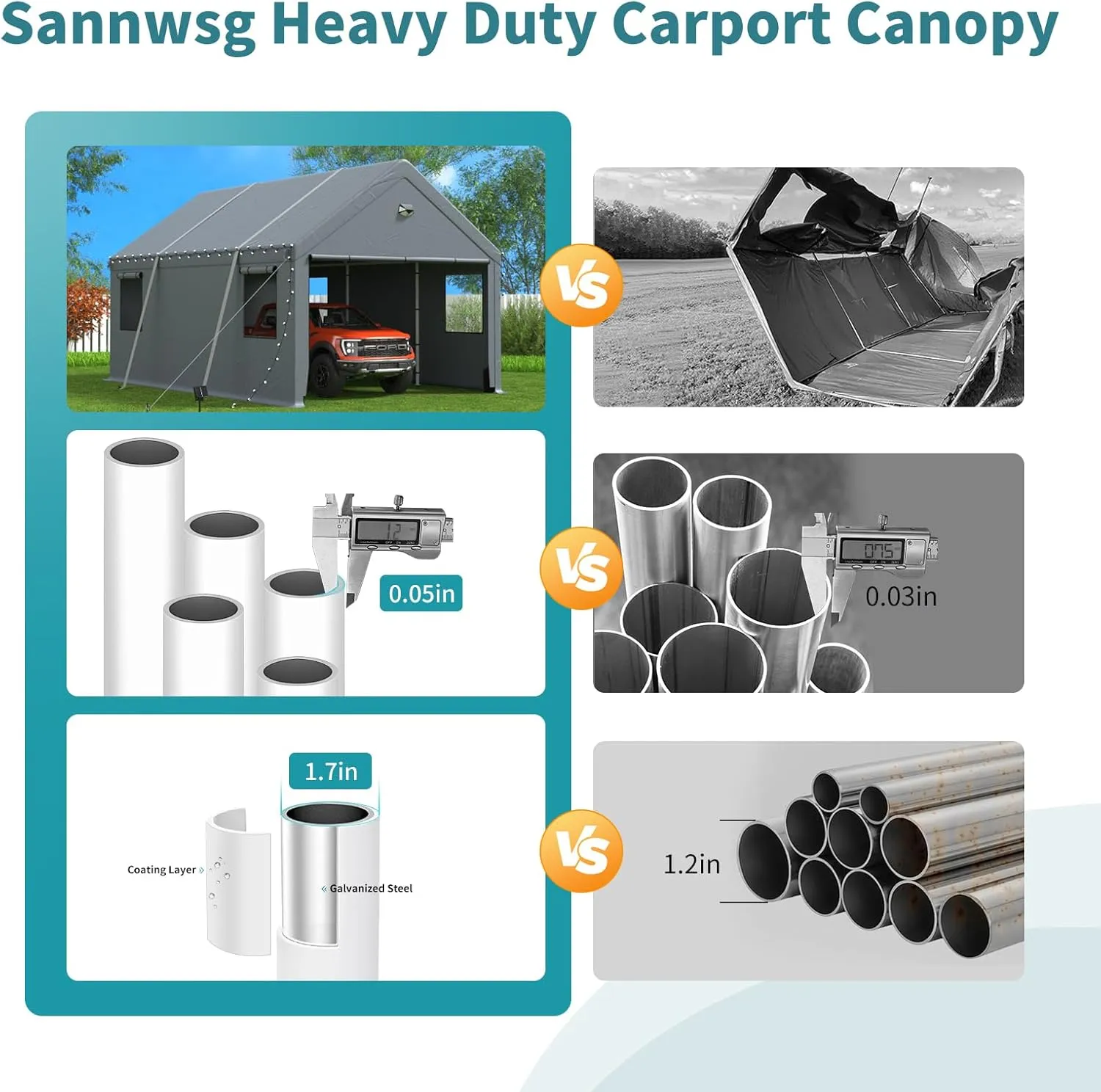 10x16FT Heavy Duty Carport Canopy,Extra Large Portable Car Tent Garage with Roll-up Windows and All-Season Tarp Cover,Removable Roof &Side Walls for Car, SUV,Boats&Truck Shelter Logic Storage