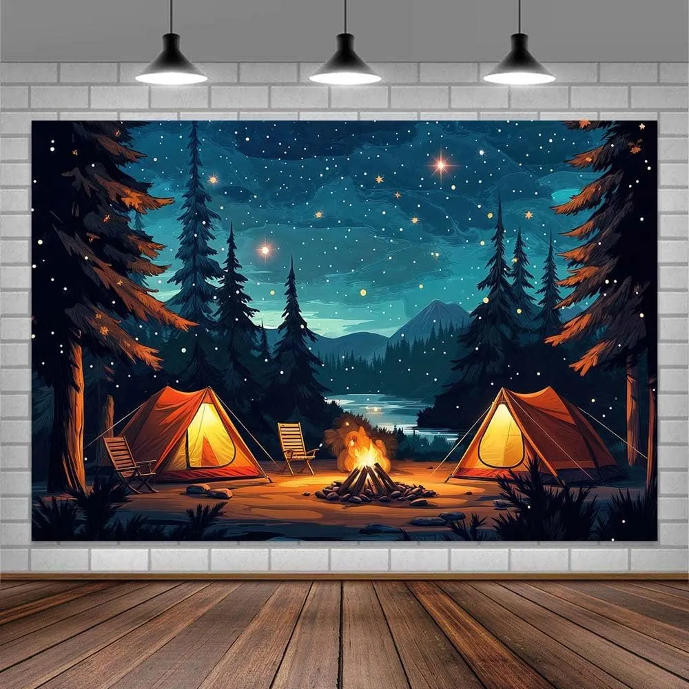 10x8ft Camping Backdrop Forest Scene Night Campfire Family Camp Party Decor Happy Camper Banner Party Supplies Camping Photo Background Adventure Birthday Decorations for Boys Kids Baby Shower