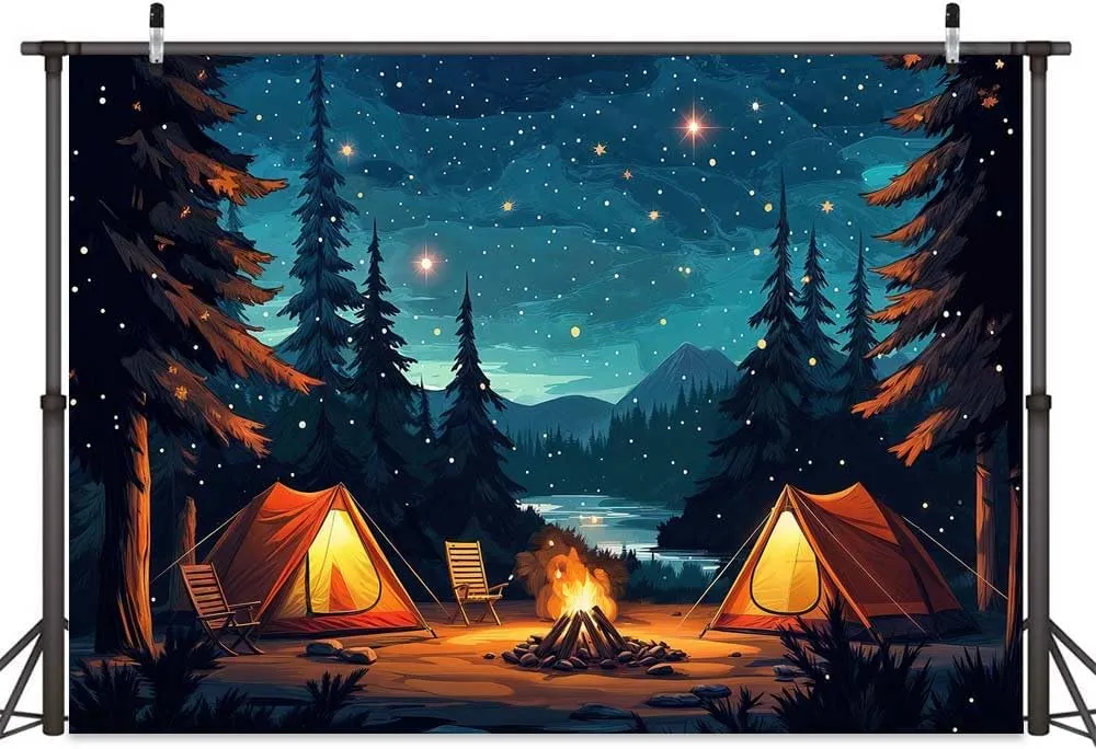 10x8ft Camping Backdrop Forest Scene Night Campfire Family Camp Party Decor Happy Camper Banner Party Supplies Camping Photo Background Adventure Birthday Decorations for Boys Kids Baby Shower