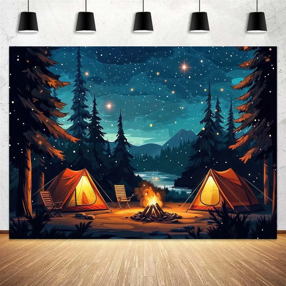 10x8ft Camping Backdrop Forest Scene Night Campfire Family Camp Party Decor Happy Camper Banner Party Supplies Camping Photo Background Adventure Birthday Decorations for Boys Kids Baby Shower