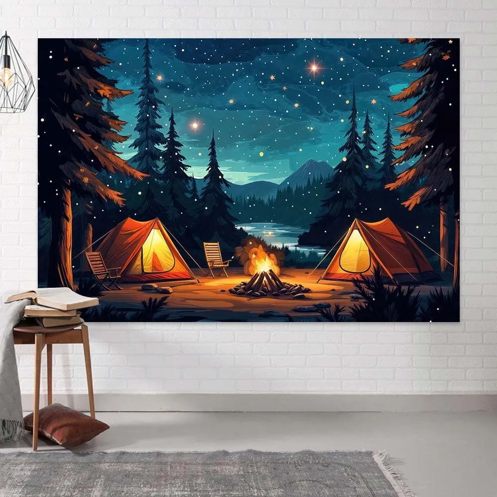 10x8ft Camping Backdrop Forest Scene Night Campfire Family Camp Party Decor Happy Camper Banner Party Supplies Camping Photo Background Adventure Birthday Decorations for Boys Kids Baby Shower