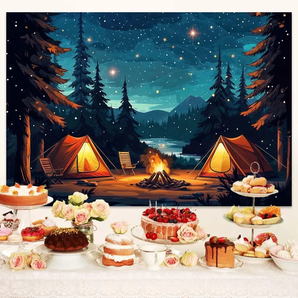 10x8ft Camping Backdrop Forest Scene Night Campfire Family Camp Party Decor Happy Camper Banner Party Supplies Camping Photo Background Adventure Birthday Decorations for Boys Kids Baby Shower