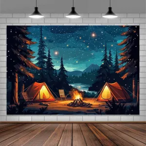 10x8ft Camping Backdrop Forest Scene Night Campfire Family Camp Party Decor Happy Camper Banner Party Supplies Camping Photo Background Adventure Birthday Decorations for Boys Kids Baby Shower