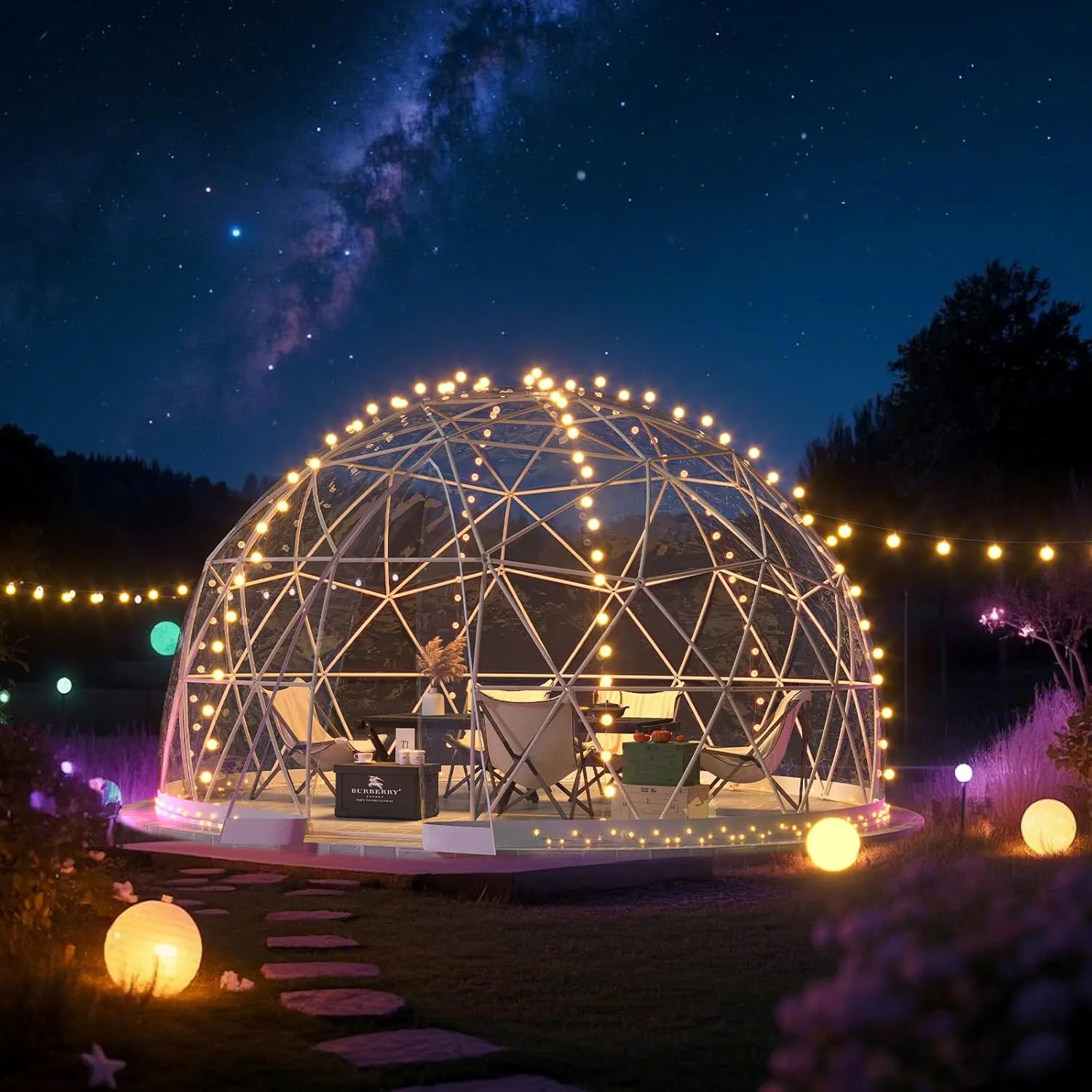 12 * 7.2FT Garden Dome Igloo Tent with LED Lights – Upgraded PC Transparent Cover & Window | 6-10 People Waterproof Outdoor Geodesic Dome Camping Shelter for Backyard, Patio & Outdoor Living