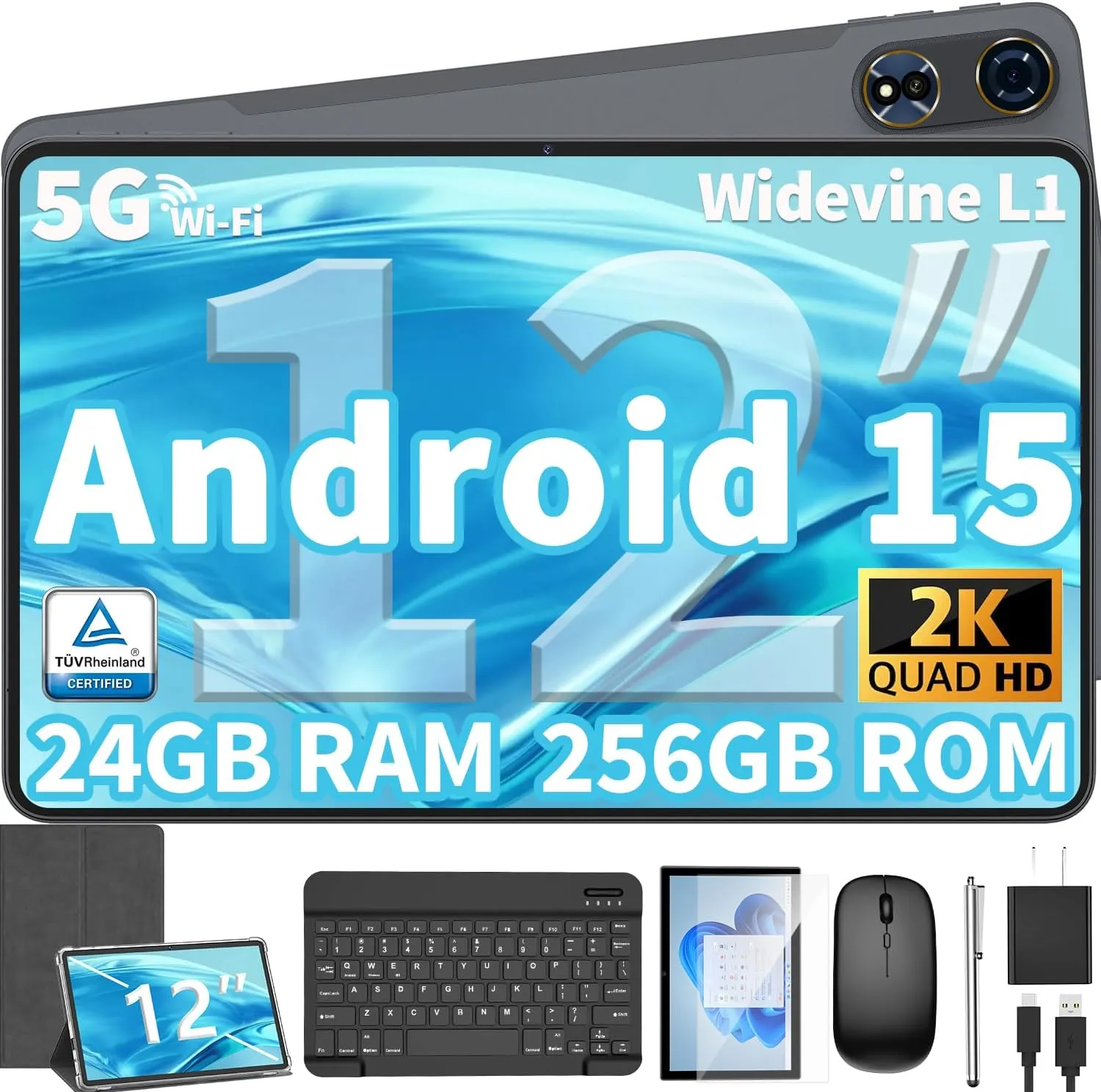 12 Inch Tablet Android 15 Tablets, 2025 Upgraded Android Tablet with Keyboard, 24GB RAM 128GB ROM(1TB Expand), Octa-Core, 2K 2000x1200 Display, 16MP Dual Camera, 8000mAh, 2.4G/5G WiFi, GPS (Silver）