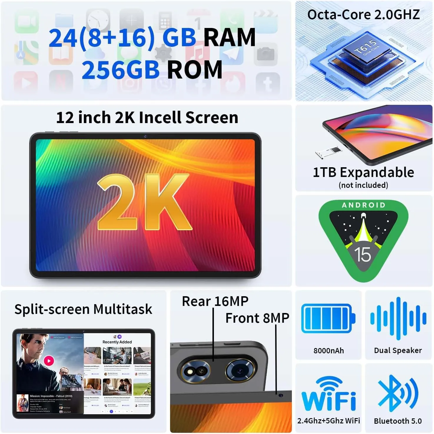 12 Inch Tablet Android 15 Tablets, 2025 Upgraded Android Tablet with Keyboard, 24GB RAM 128GB ROM(1TB Expand), Octa-Core, 2K 2000x1200 Display, 16MP Dual Camera, 8000mAh, 2.4G/5G WiFi, GPS (Silver）