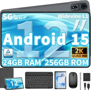 12 Inch Tablet Android 15 Tablets, 2025 Upgraded Android Tablet with Keyboard, 24GB RAM 128GB ROM(1TB Expand), Octa-Core, 2K 2000x1200 Display, 16MP Dual Camera, 8000mAh, 2.4G/5G WiFi, GPS (Silver）