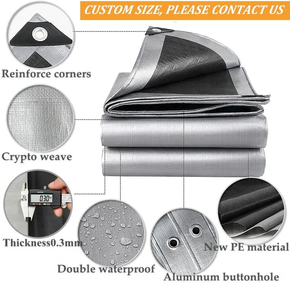 12 x 30ft Tarps Heavy Duty Thick Waterproof, Poly Canopy Silver   Black Tent Shelter Cover, 16 Mil Tarpaulin Shade, Rip and Tear Proof, UV Resistant Tarpaulin with Grommets and Reinforced Edges