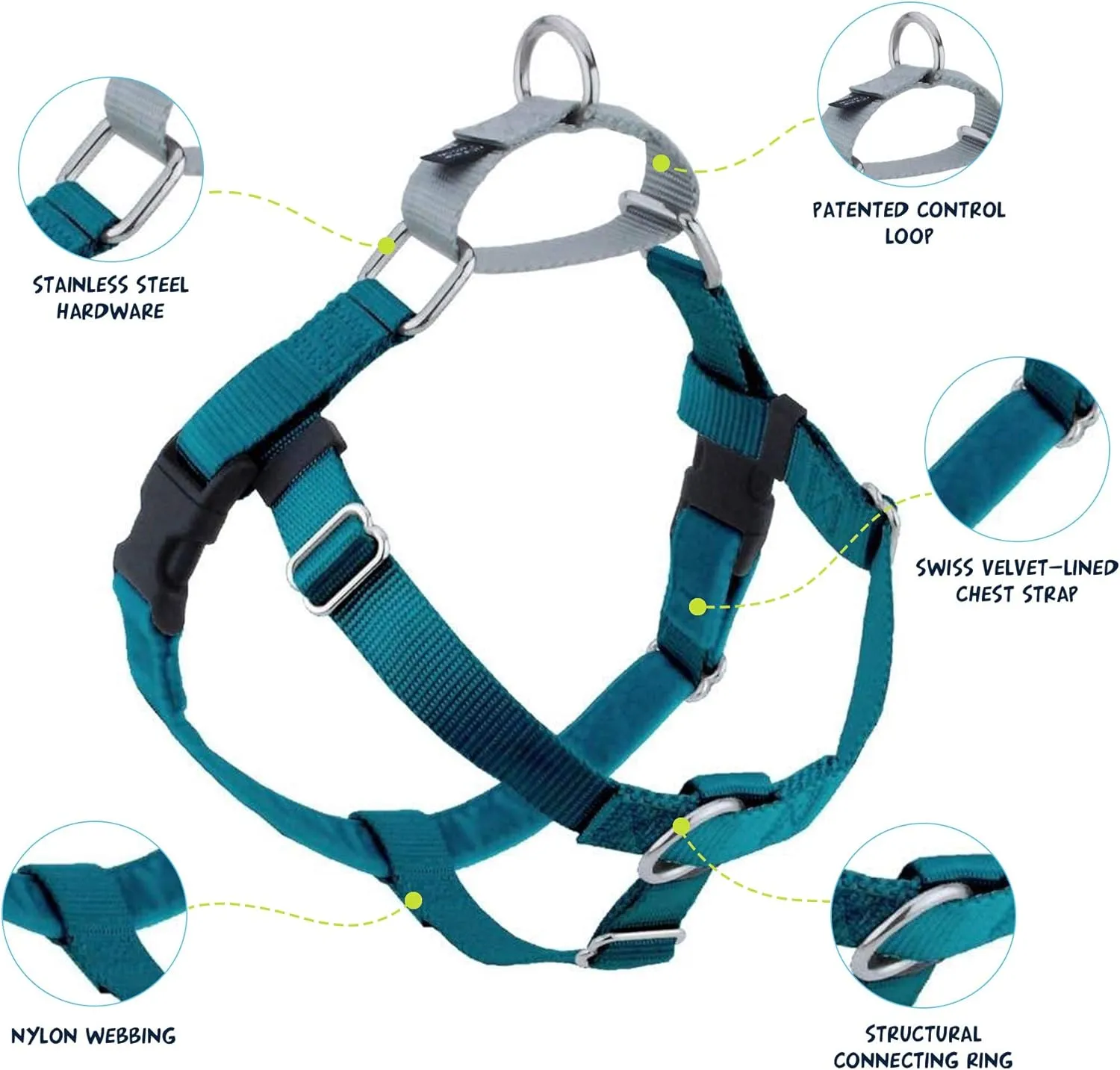 2 Hounds Design Freedom No Pull Dog Harness, Adjustable Harness and Leash Set, Easy Walking & Comfortable Control, Fits Small, Medium & Large Dogs, Solid Colors, Made in USA, 1" LG, Teal