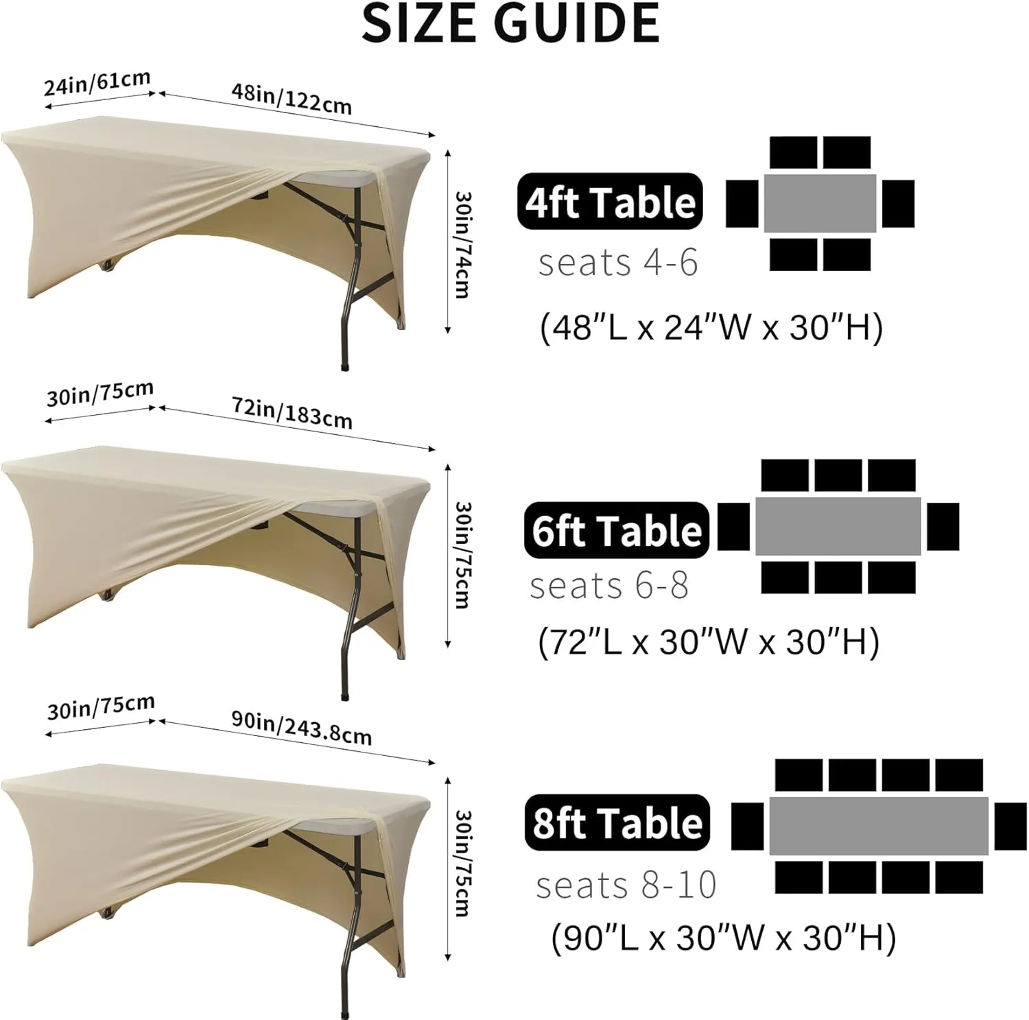 2 Pack 6ft Stretch Spandex Champagne Table Cover for Standard Folding Tables - Universal Rectangular Fitted Tablecloth Protector for Wedding, Banquet and Party