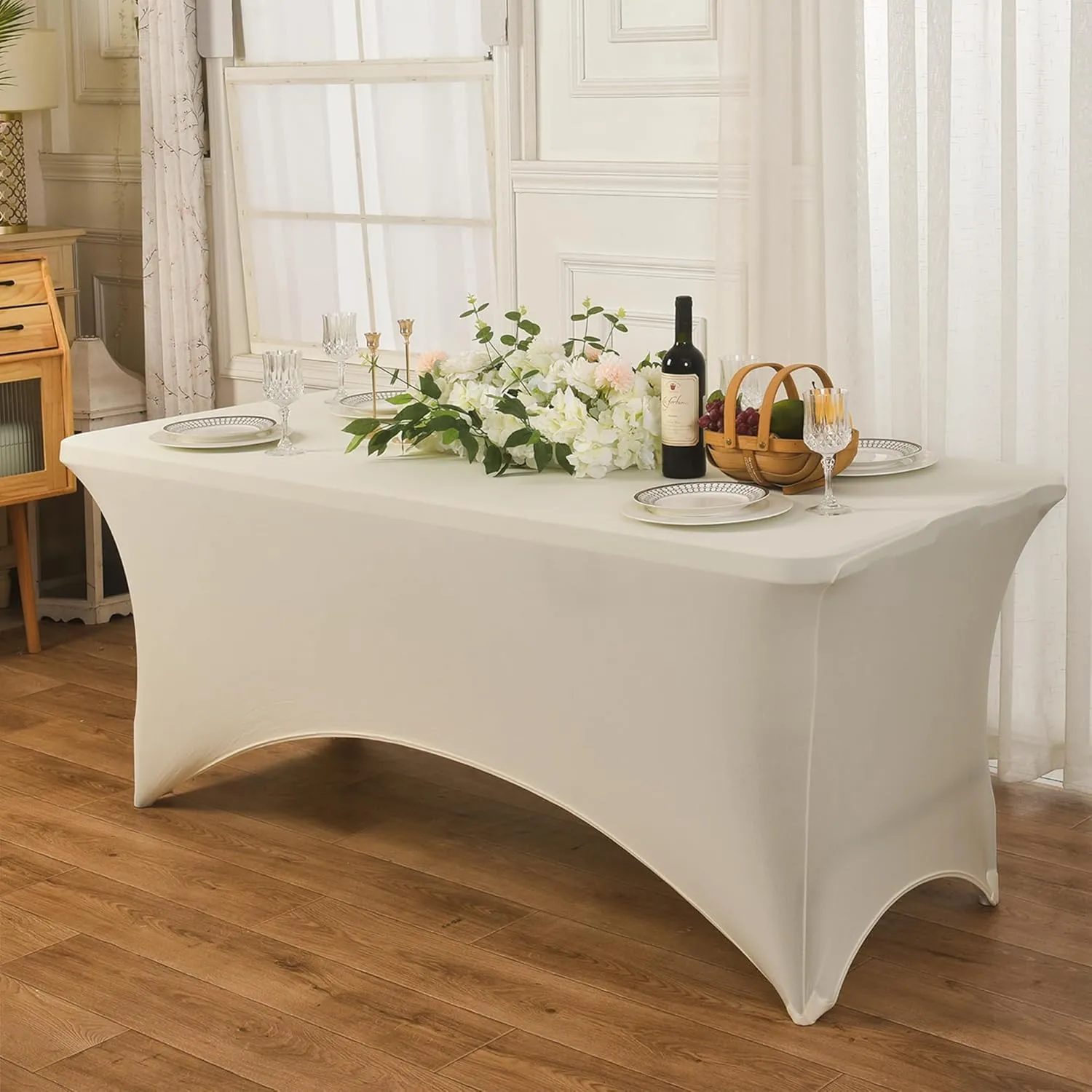 2 Pack 6ft Stretch Spandex Champagne Table Cover for Standard Folding Tables - Universal Rectangular Fitted Tablecloth Protector for Wedding, Banquet and Party