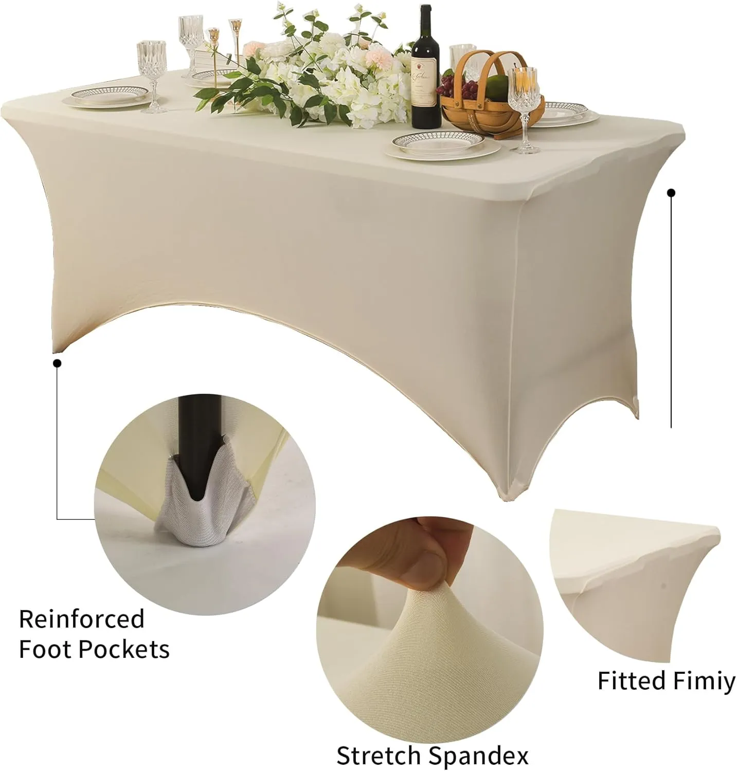 2 Pack 6ft Stretch Spandex Champagne Table Cover for Standard Folding Tables - Universal Rectangular Fitted Tablecloth Protector for Wedding, Banquet and Party