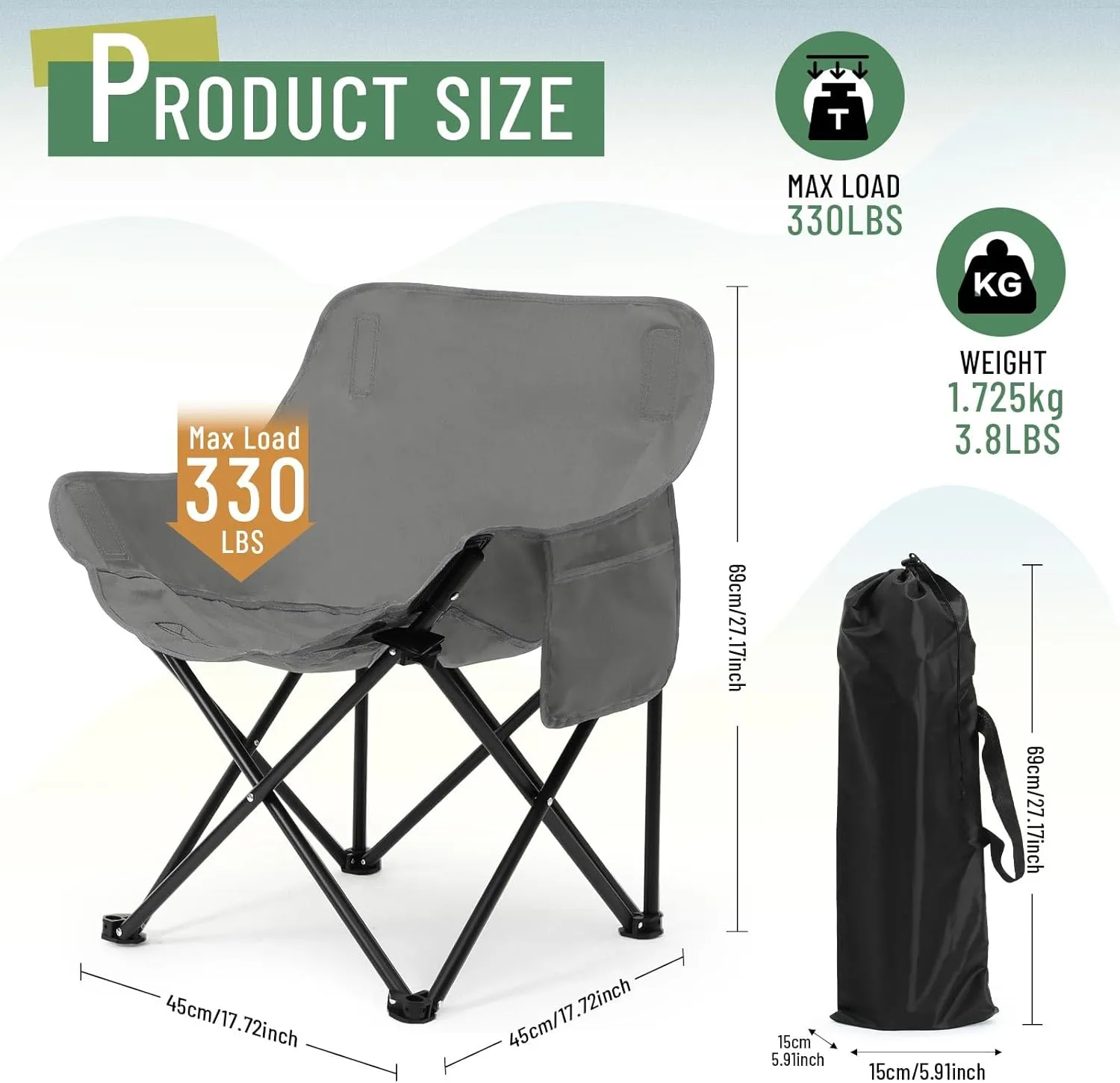 2 Pack Compact Camping Chairs Portable Folding for Outside with Carry Bag Lightweight Moon Chairs for Travel Picnic Hiking Beach Fishing, 600D Oxford, Supports 330lbs(Grey, Black)