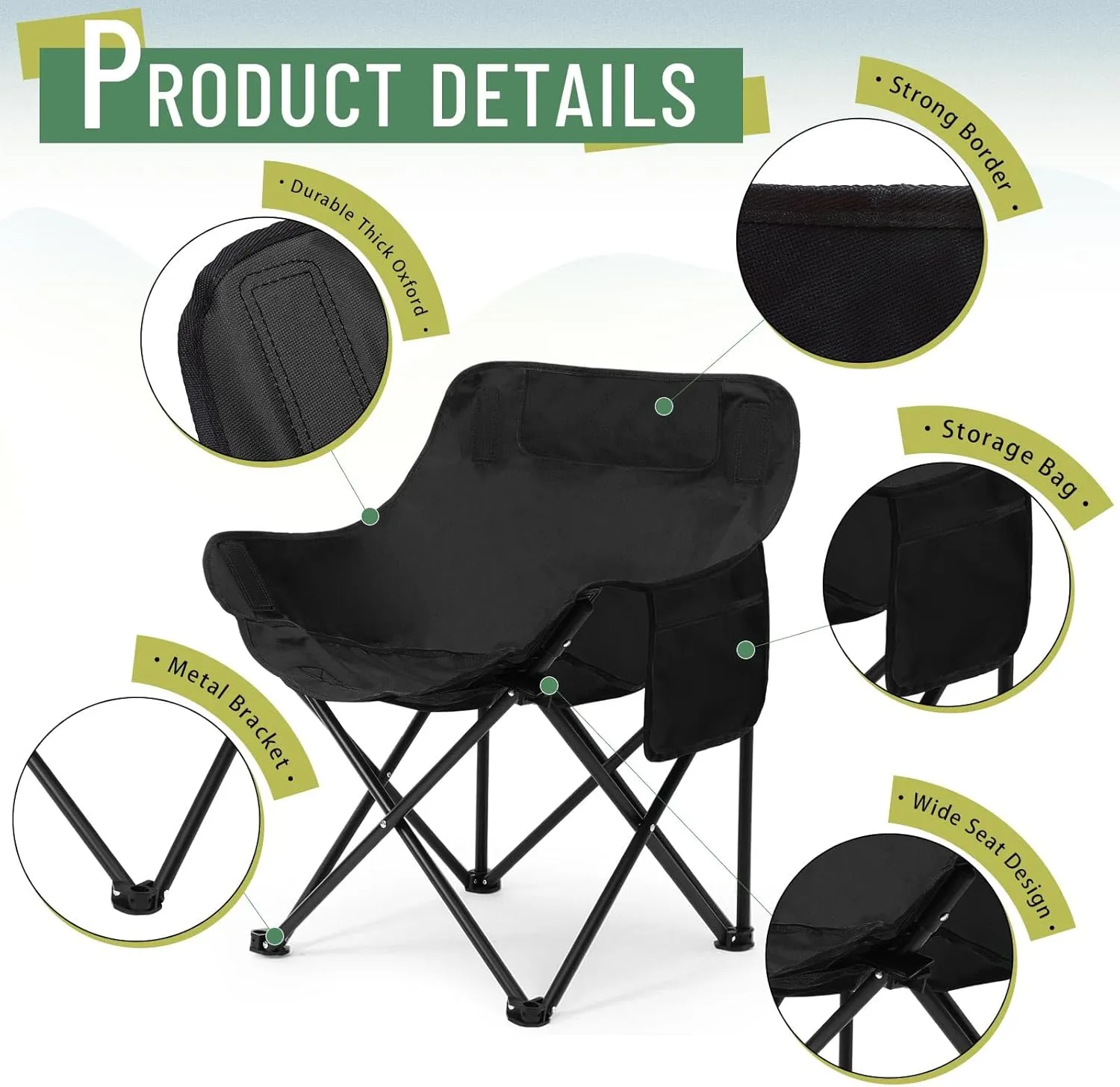 2 Pack Compact Camping Chairs Portable Folding for Outside with Carry Bag Lightweight Moon Chairs for Travel Picnic Hiking Beach Fishing, 600D Oxford, Supports 330lbs(Grey, Black)