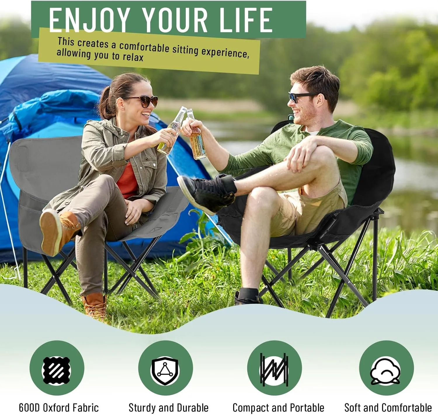 2 Pack Compact Camping Chairs Portable Folding for Outside with Carry Bag Lightweight Moon Chairs for Travel Picnic Hiking Beach Fishing, 600D Oxford, Supports 330lbs(Grey, Black)