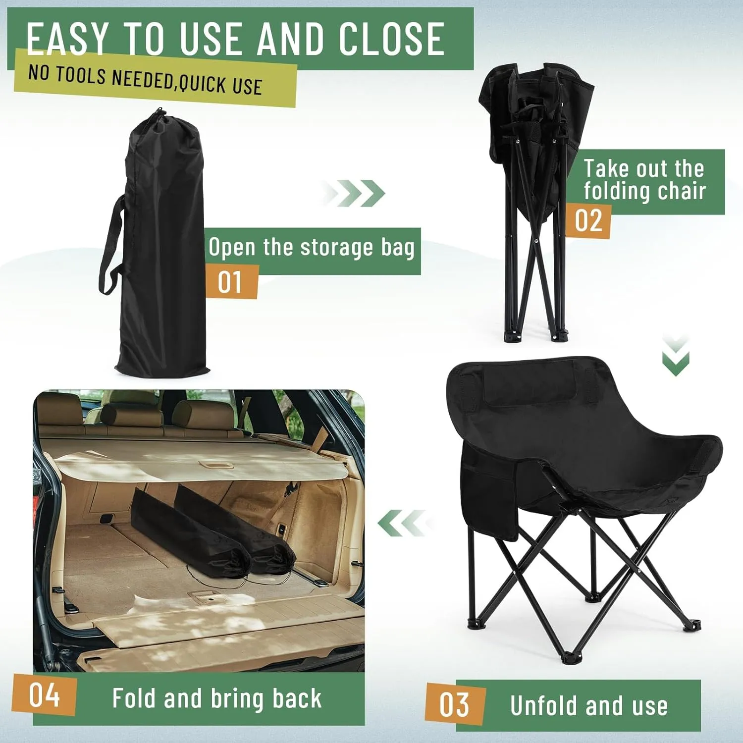 2 Pack Compact Camping Chairs Portable Folding for Outside with Carry Bag Lightweight Moon Chairs for Travel Picnic Hiking Beach Fishing, 600D Oxford, Supports 330lbs(Grey, Black)