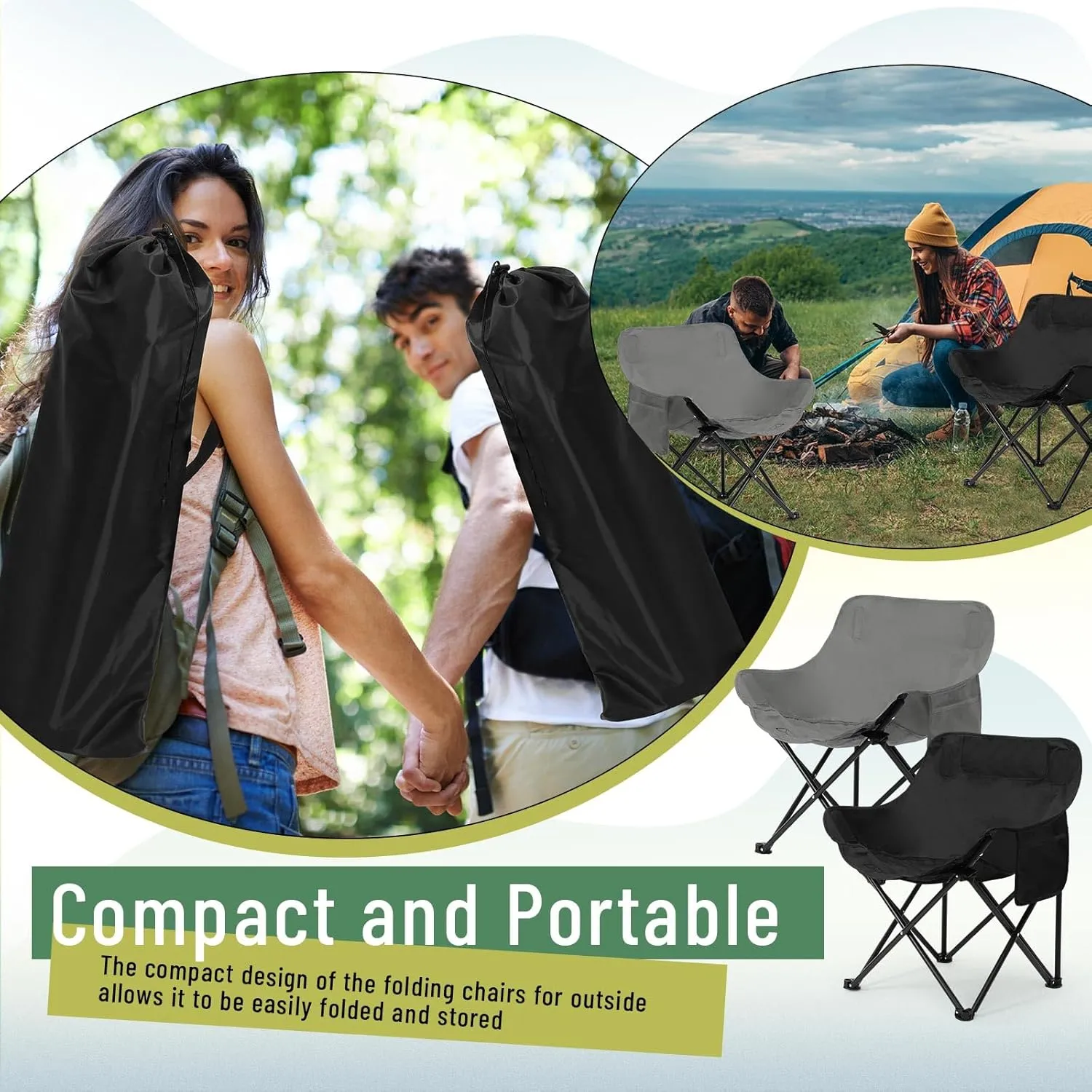 2 Pack Compact Camping Chairs Portable Folding for Outside with Carry Bag Lightweight Moon Chairs for Travel Picnic Hiking Beach Fishing, 600D Oxford, Supports 330lbs(Grey, Black)