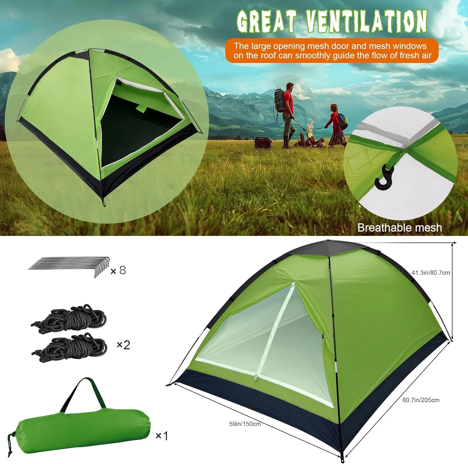 2-Person Dome Tent for Camping Waterproof Lightweight Portable Backpacking Orange/Blue/Army Green/Green
