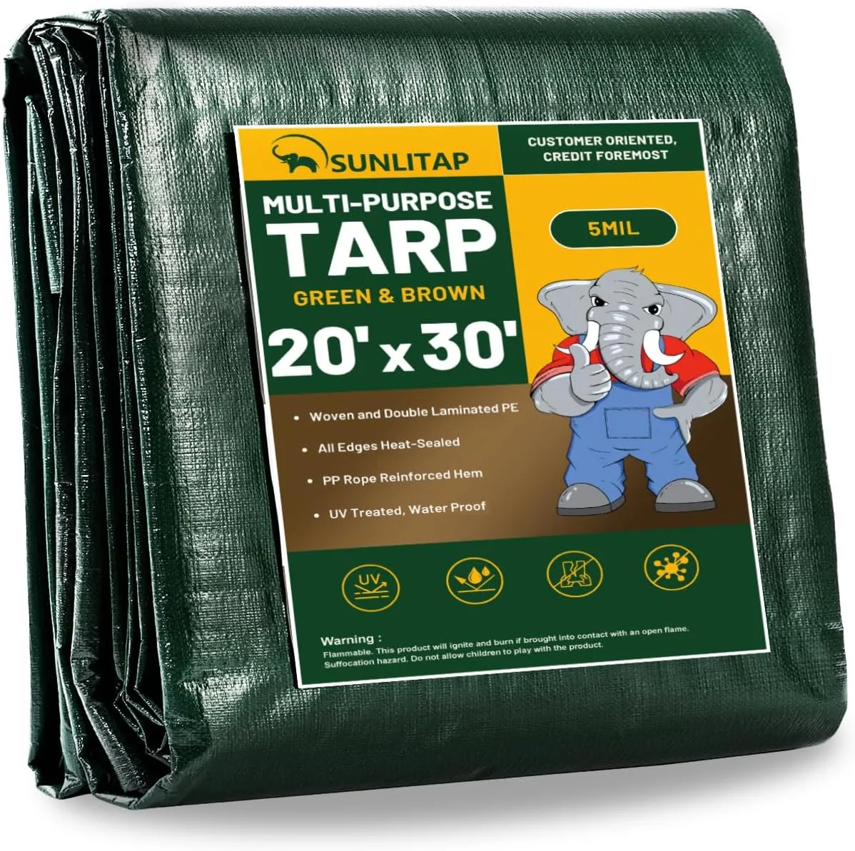 20x30Ft Tarp Cover 5 MIL Waterproof Poly Tarps, Light Duty Tarpaulin with Grommets, Reinforced Edges, Rip & Tear Proof, Multipurpose Finished Size Tarp for Cars, Boat, Roof, Camping - Green