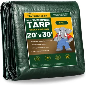 20x30Ft Tarp Cover 5 MIL Waterproof Poly Tarps, Light Duty Tarpaulin with Grommets, Reinforced Edges, Rip & Tear Proof, Multipurpose Finished Size Tarp for Cars, Boat, Roof, Camping - Green