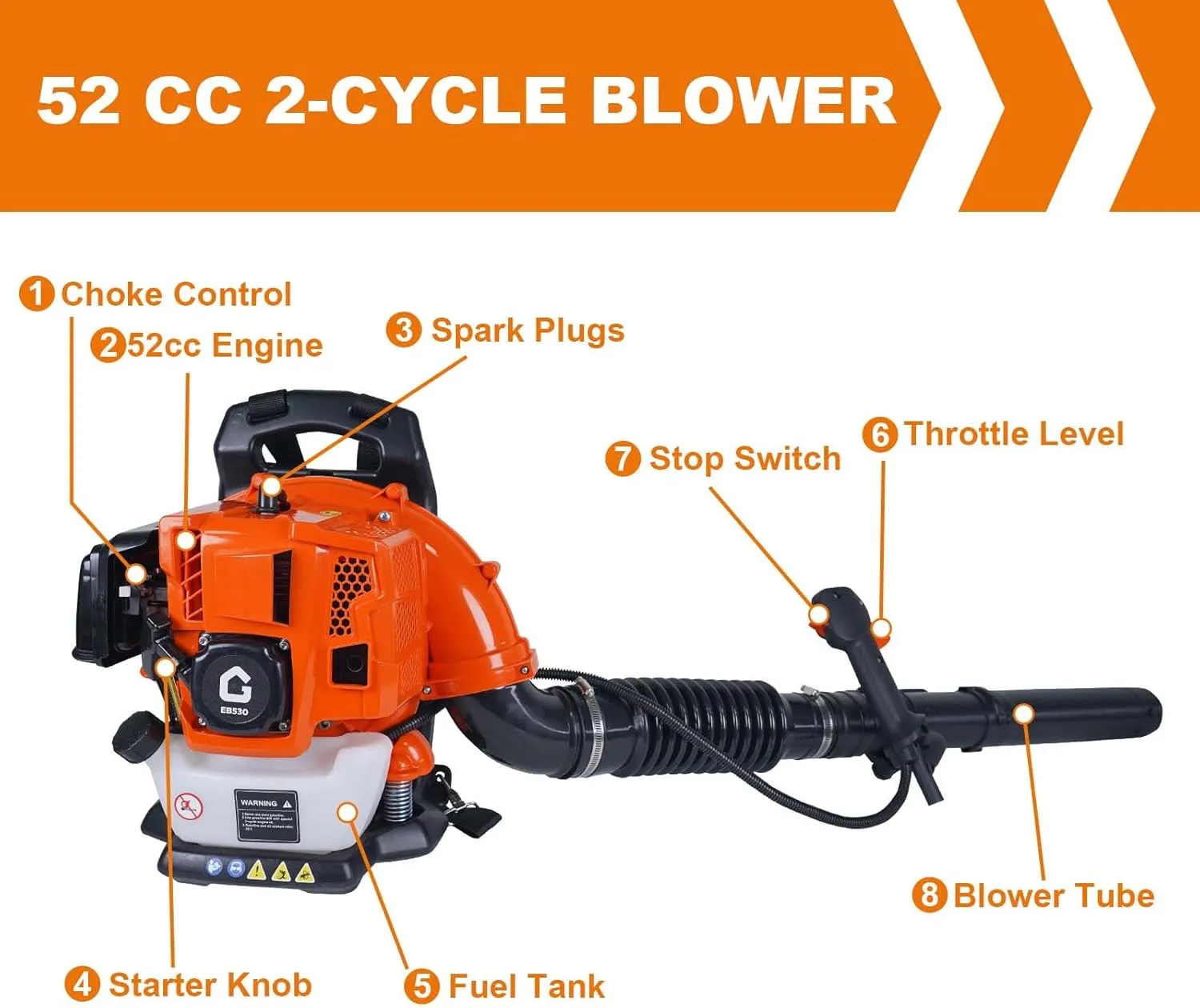 2.2 HP Backpack Gas Leaf Blower, 52CC 2 Stroke 780 CFM 270 MPH, Powerful Clearing Performance and Ergonomic, Variable Speed & Cruise Control Gas Powered Leaf Blower for Lawn Care and Snow Blowing