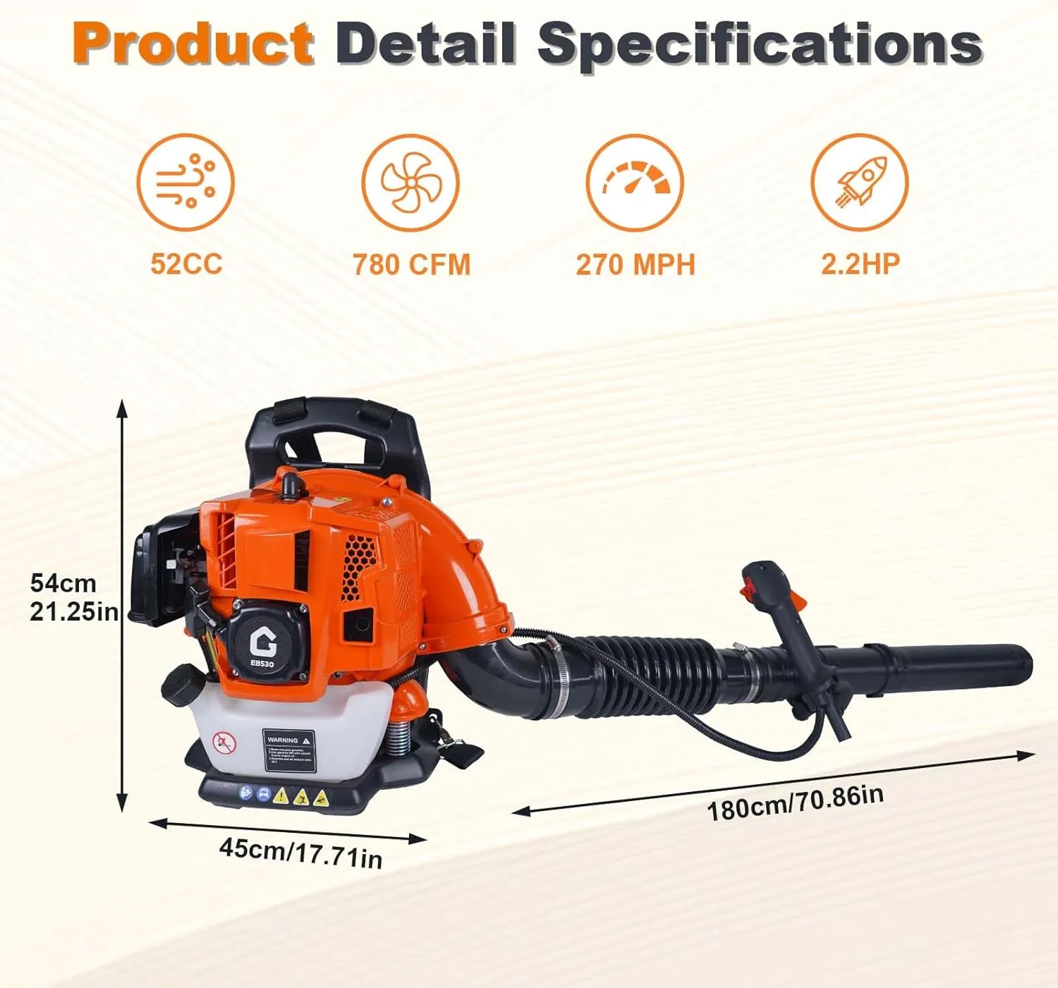 2.2 HP Backpack Gas Leaf Blower, 52CC 2 Stroke 780 CFM 270 MPH, Powerful Clearing Performance and Ergonomic, Variable Speed & Cruise Control Gas Powered Leaf Blower for Lawn Care and Snow Blowing