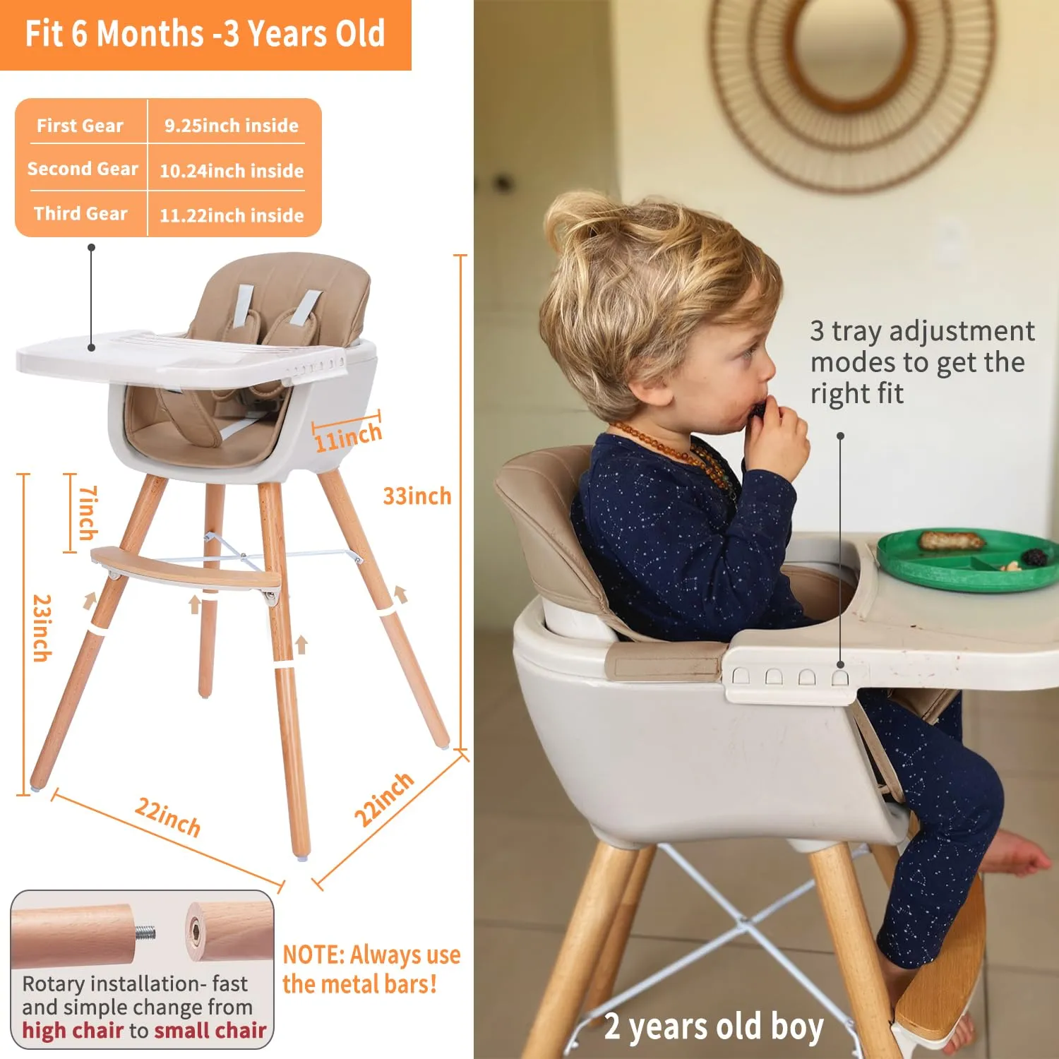 3-in-1 Convertible Wooden High Chair, High Chairs for Babies and Toddlers, Baby High Chair with Adjustable Legs & Dishwasher Safe Tray, Made of Sleek Hardwood & Premium Leatherette, Brown Color