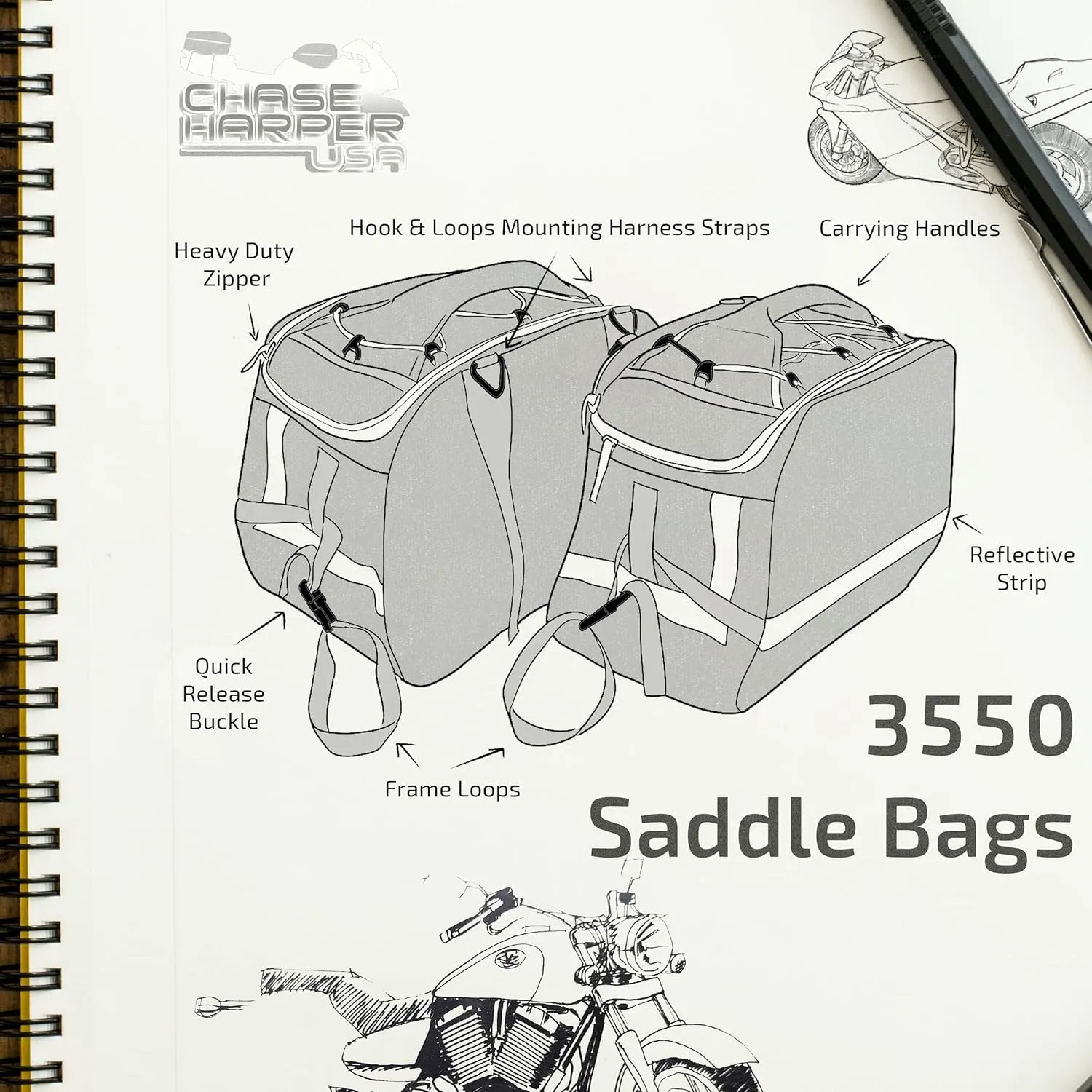 3550 Aeropac II Saddle Bags - Water-Resistant, Industrial Grade Ballistic Nylon w/Thermoplastic Insert, Anti-Scratch Vinyl on Inward Facing Wall, 14" L x 9" W x 10.5" H (Per Side)