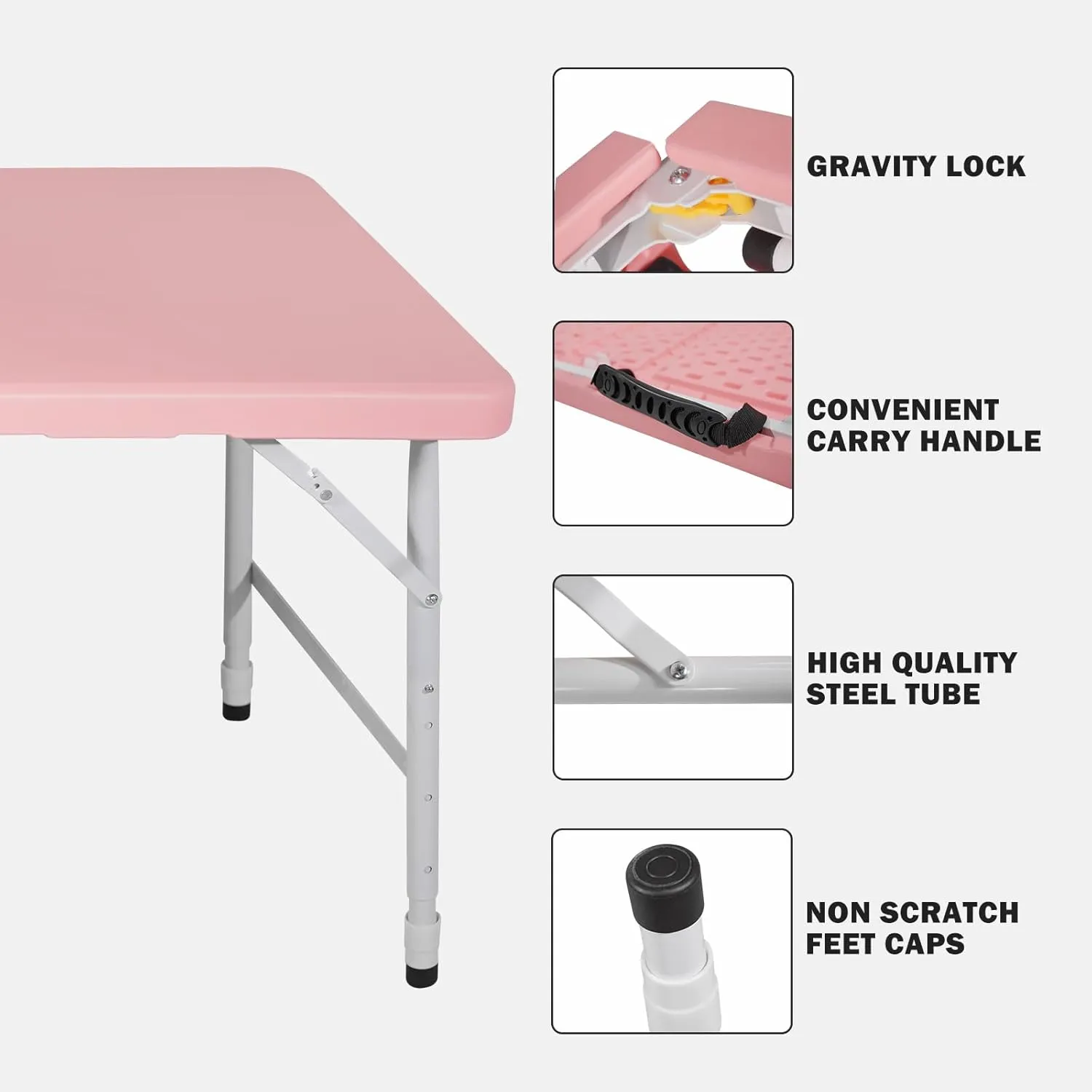 4 Foot Portable Folding Table Adjustable Height Lightweight Indoor Outdoor Picnic Beach Camping Dining Fold Out Table, Iron Utility Table Folding Desk with Carry Handle (Pink, 4ft)