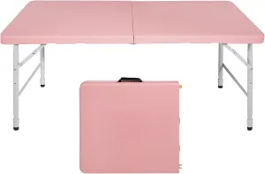 4 Foot Portable Folding Table Adjustable Height Lightweight Indoor Outdoor Picnic Beach Camping Dining Fold Out Table, Iron Utility Table Folding Desk with Carry Handle (Pink, 4ft)