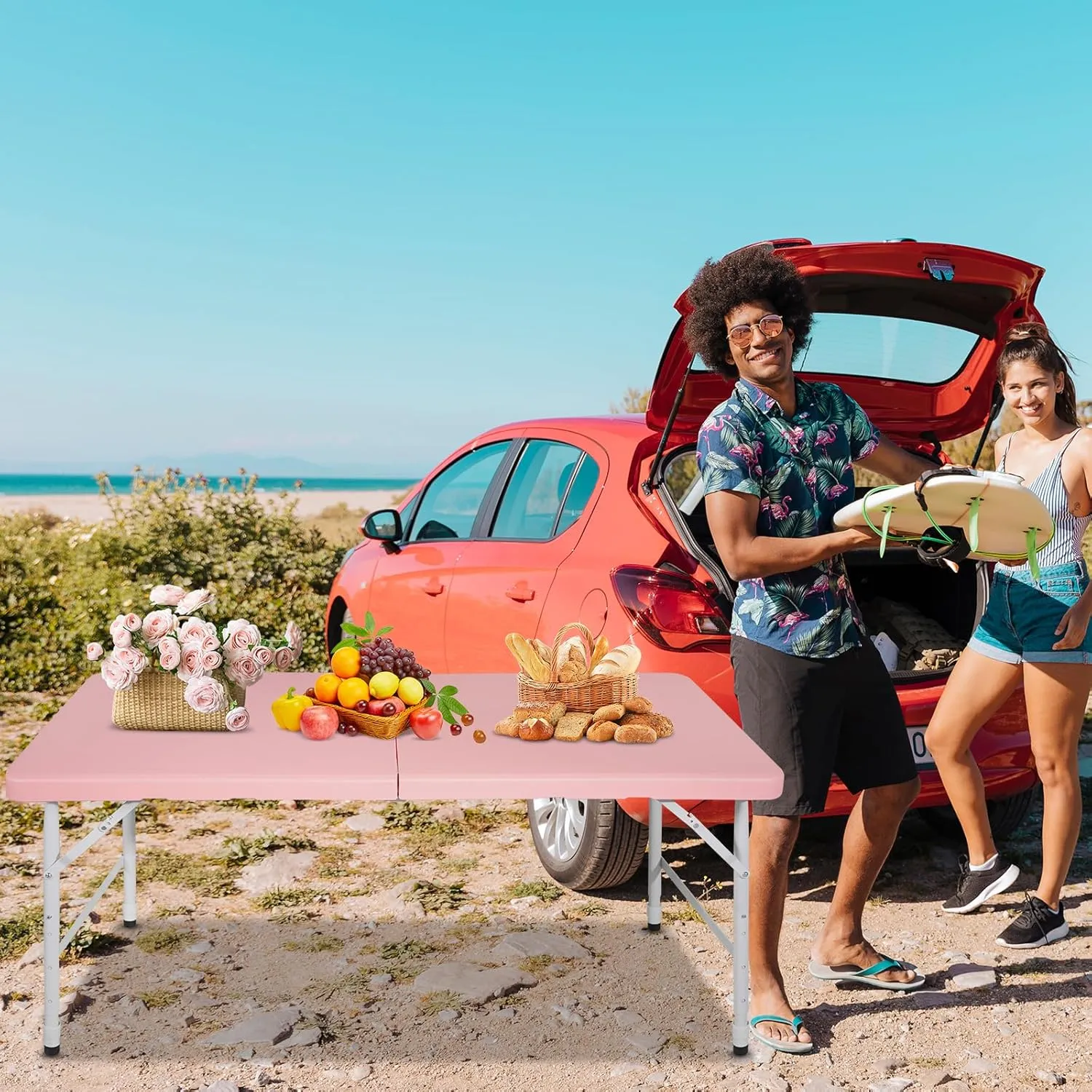 4 Foot Portable Folding Table Adjustable Height Lightweight Indoor Outdoor Picnic Beach Camping Dining Fold Out Table, Iron Utility Table Folding Desk with Carry Handle (Pink, 4ft)