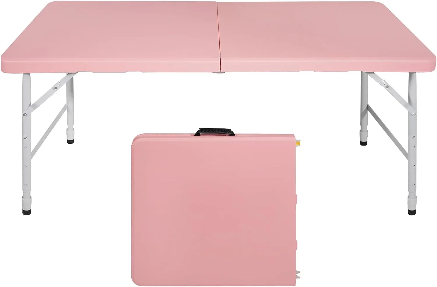 4 Foot Portable Folding Table Adjustable Height Lightweight Indoor Outdoor Picnic Beach Camping Dining Fold Out Table, Iron Utility Table Folding Desk with Carry Handle (Pink, 4ft)