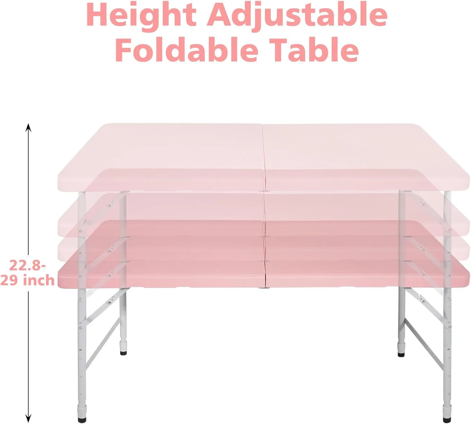 4 Foot Portable Folding Table Adjustable Height Lightweight Indoor Outdoor Picnic Beach Camping Dining Fold Out Table, Iron Utility Table Folding Desk with Carry Handle (Pink, 4ft)