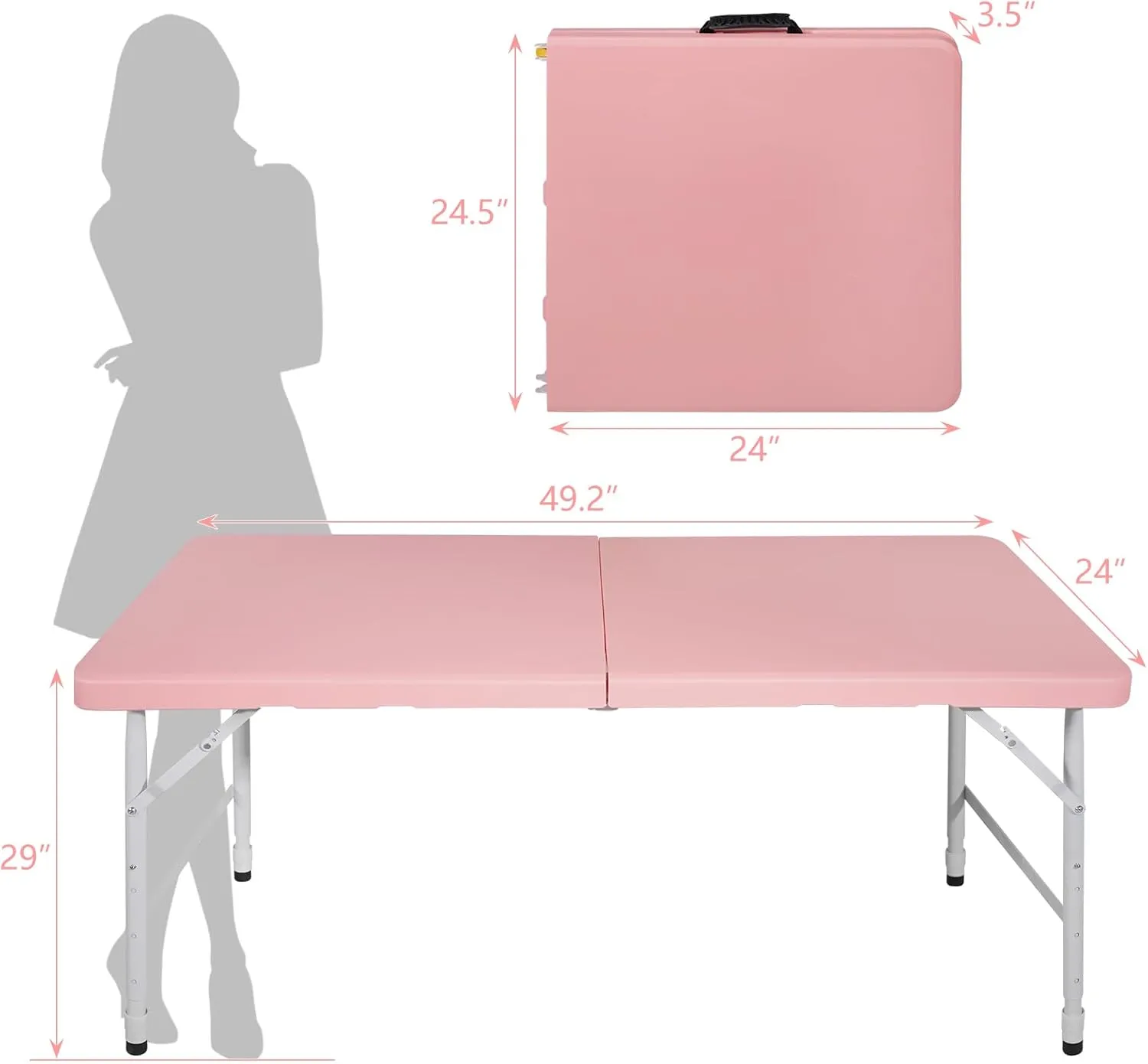 4 Foot Portable Folding Table Adjustable Height Lightweight Indoor Outdoor Picnic Beach Camping Dining Fold Out Table, Iron Utility Table Folding Desk with Carry Handle (Pink, 4ft)