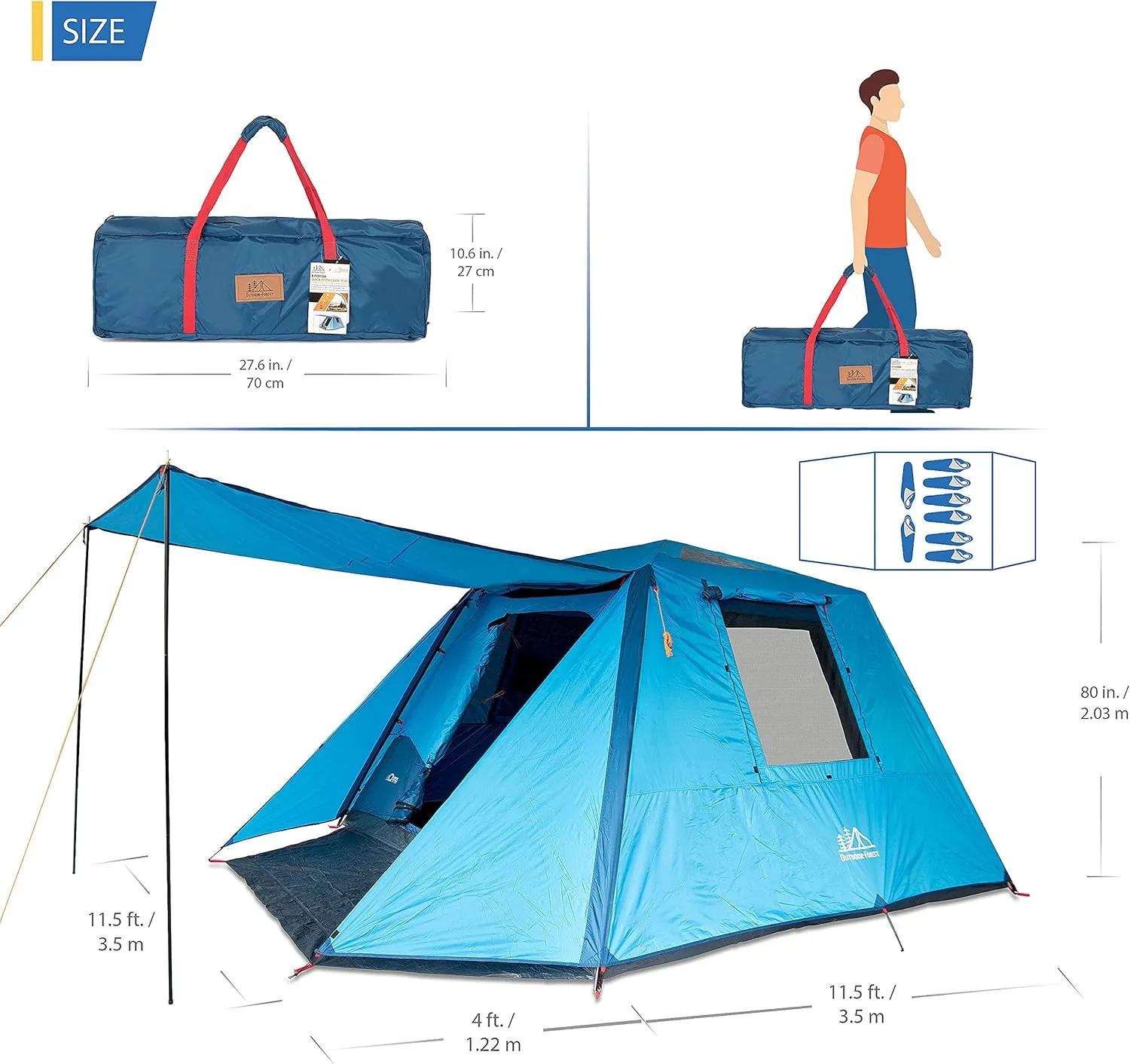 4 Person Dome Tent / 6 Person Dome Cabin Tent / 8 Person Cabin Tent with Full Coverage rainfly and Full Size Canopy