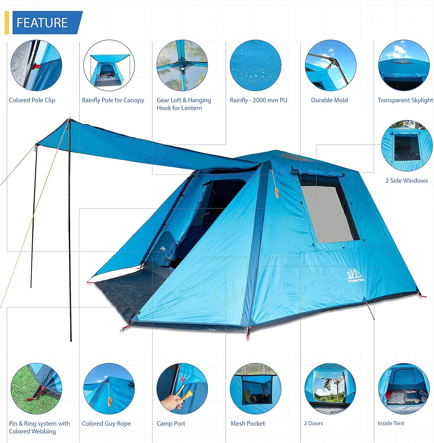 4 Person Dome Tent / 6 Person Dome Cabin Tent / 8 Person Cabin Tent with Full Coverage rainfly and Full Size Canopy