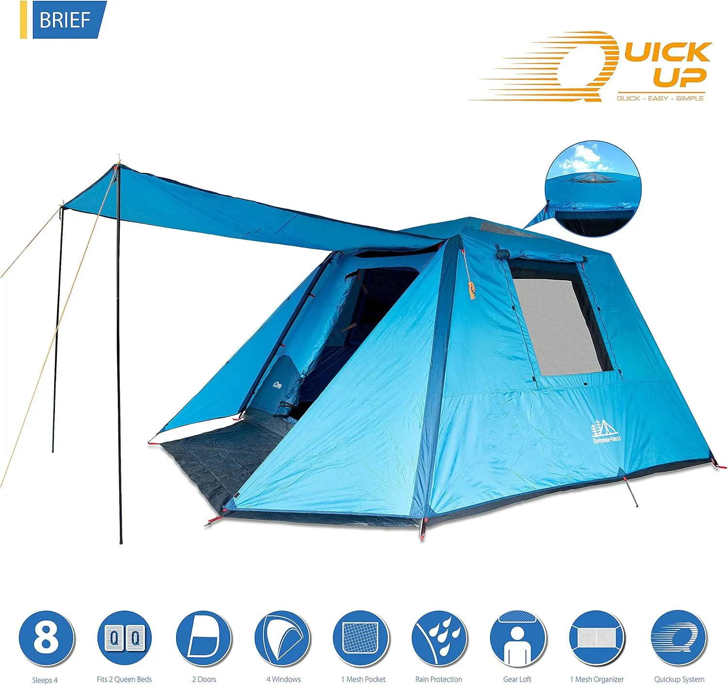 4 Person Dome Tent / 6 Person Dome Cabin Tent / 8 Person Cabin Tent with Full Coverage rainfly and Full Size Canopy