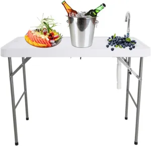 46” Fish Cleaning Table with Sink, Portable Camping Table with Faucet & Drainage Hose, Outdoor Fillet Station for Camp, Picnic, Garden, Fishing, White